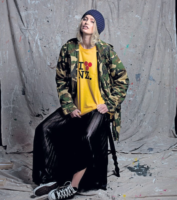 From the archives: Top NZ model Penny Pickard wearing Huffer's iconic t-shirt, Viva 2012. Photo / Babiche Martens