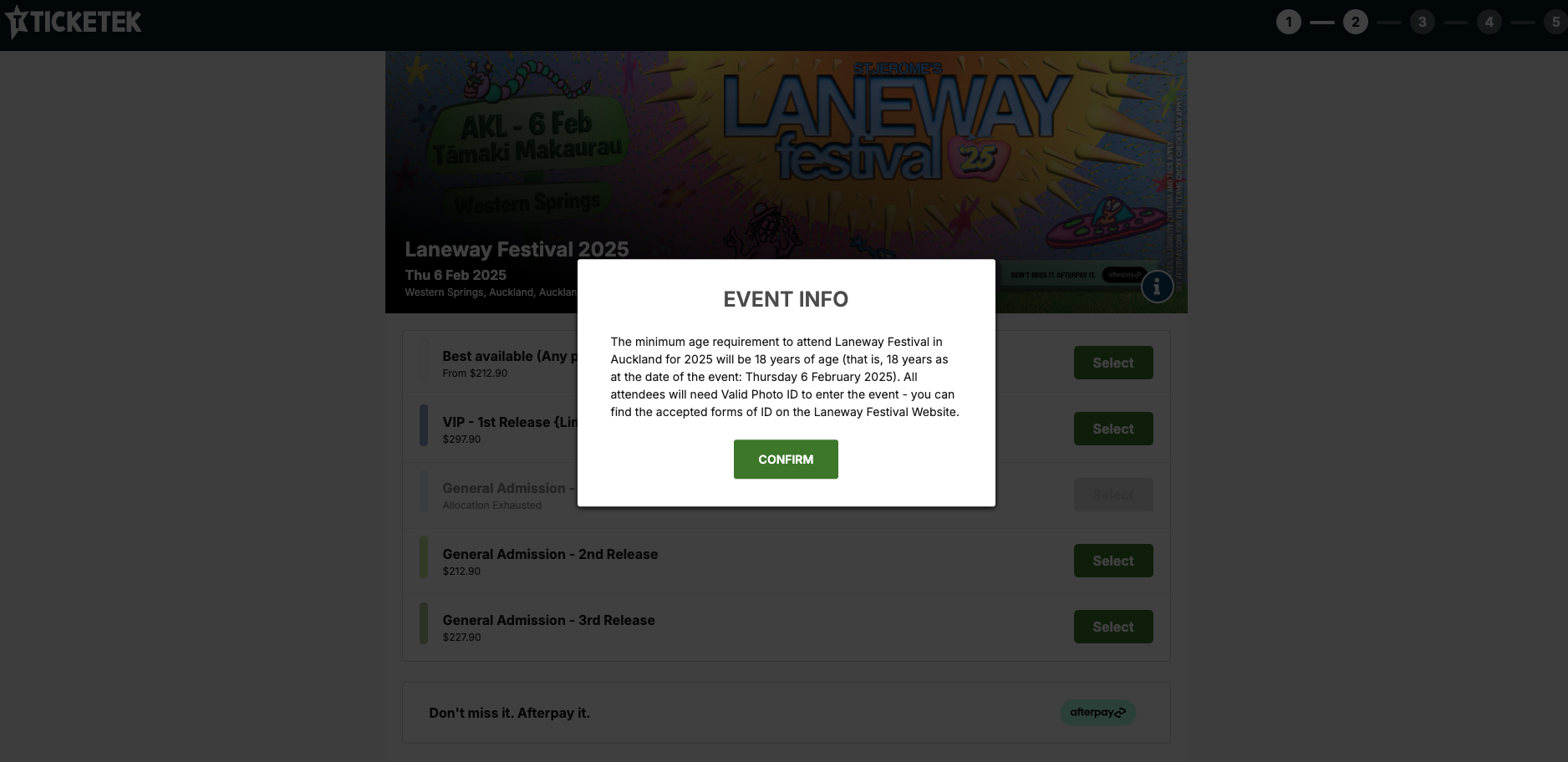 The Ticketek page for Laneway Festival 2025 now displays a message that the event is 18+. Photo / Ticketek