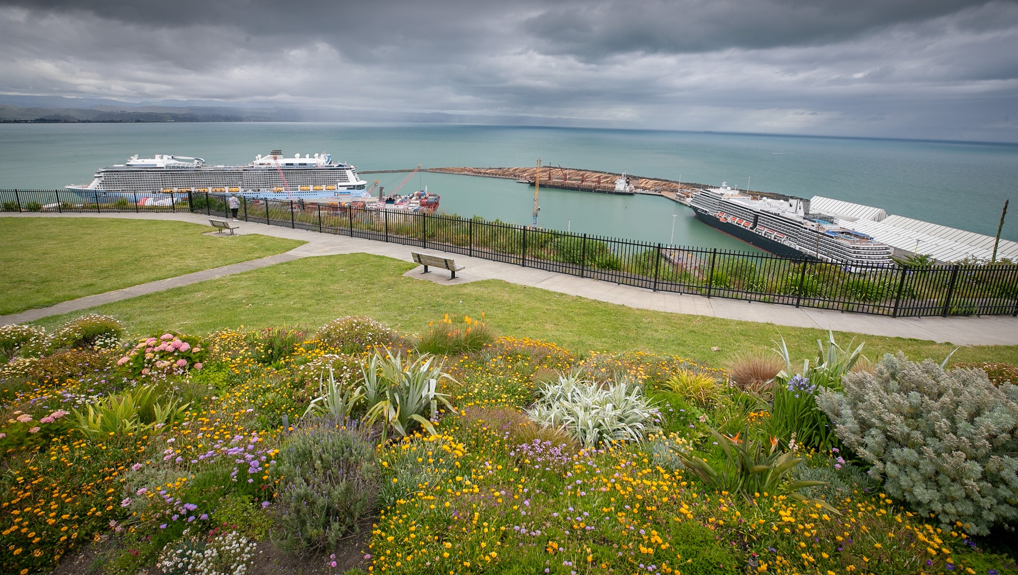 Gloomy weather greets passengers of the Ovation of the Seas and Noordam cruise ships at the Port of Napier. Photo / Warren Buckland