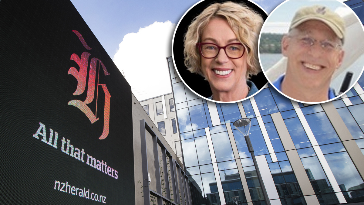 NZME owns the NZ Herald, NewstalkZB, BusinessDesk and OneRoof; inset: NZME chair Barbara Chapman and shareholder Jim Grenon.