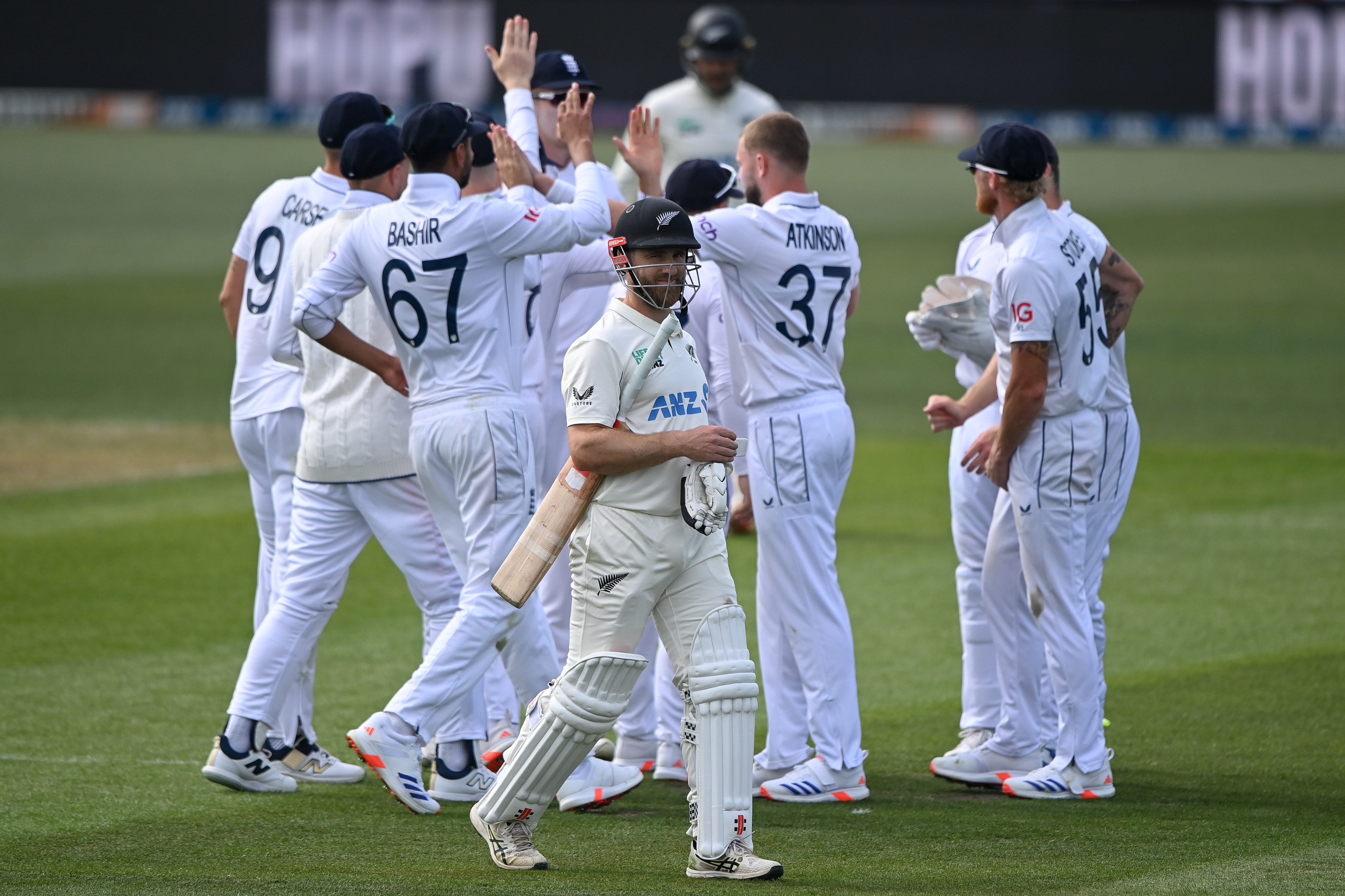 England celebrate the wicket of Kane Williamson at Hagley Oval. Photo / Photosport