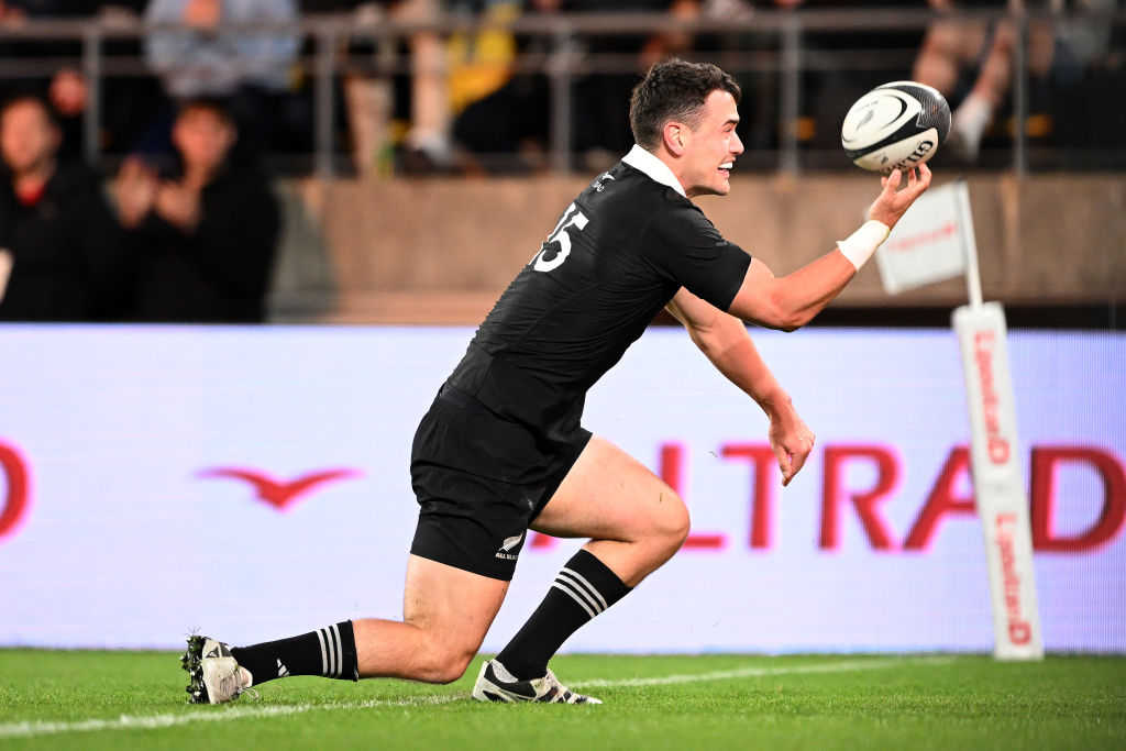 All Blacks fullback Will Jordan celebrates after scoring against the Wallabies. Photo / Getty Images