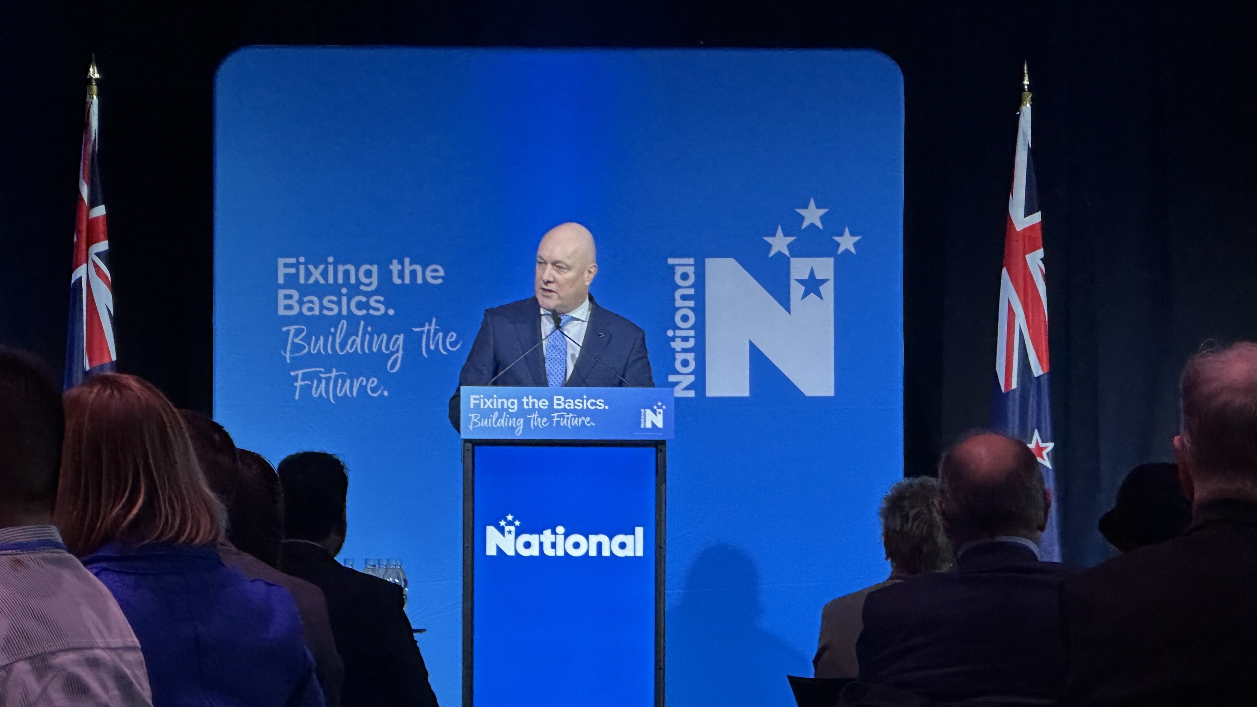 Prime Minister Christopher Luxon addresses members at National's annual conference in Lower Hutt on Saturday. Photo / Jamie Ensor