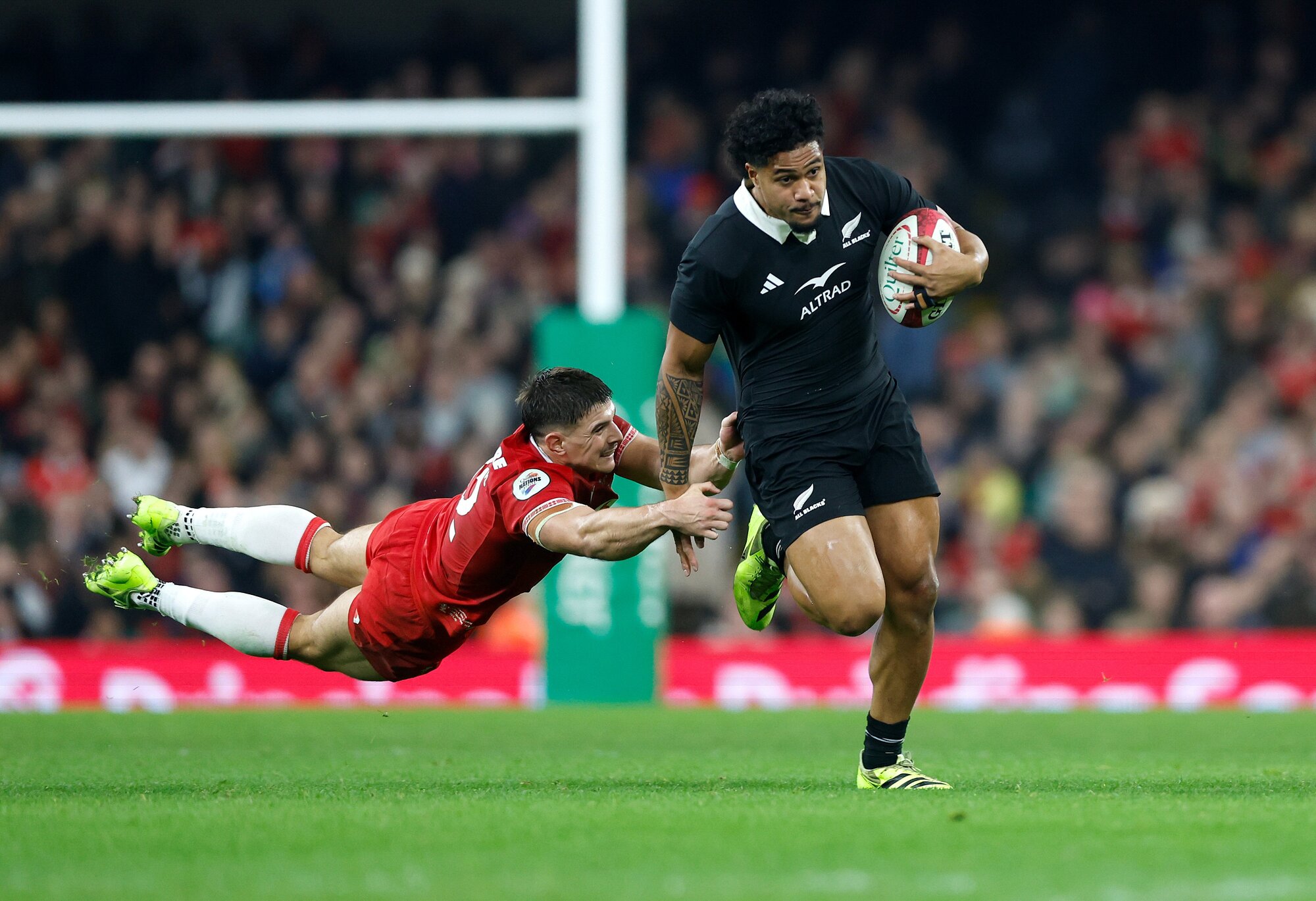 Leicester Fainga’anuku on the break for the All Blacks against Wales in Cardiff. Photo / Photosport