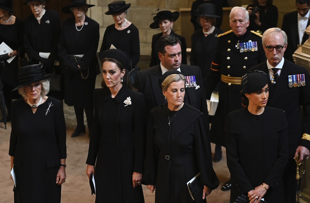 From left: Camilla, the Queen consort, Kate, princess of Wales, Sophie, countess of Wessex and Meghan, Duchess of Sussex attend a service for the reception of Queen Elizabeth II's coffin at Westminster Hall, in the Palace of Westminster in London. Photo / AP Photos
