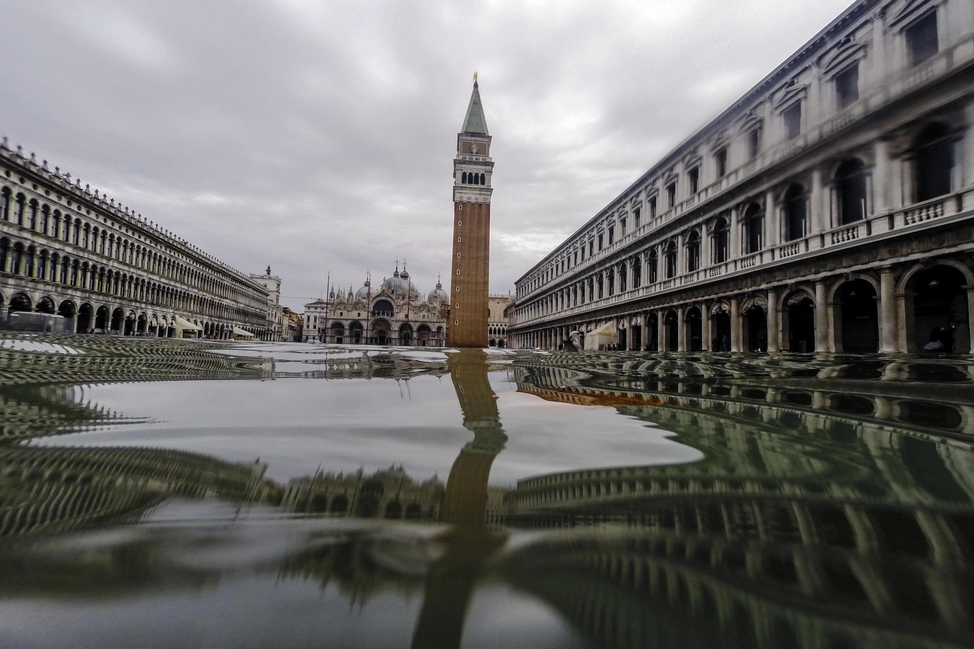 A view of flooded St. Mark's Square in Venice, during the 2019 floods. Photo / Luca Bruno, AP Photo