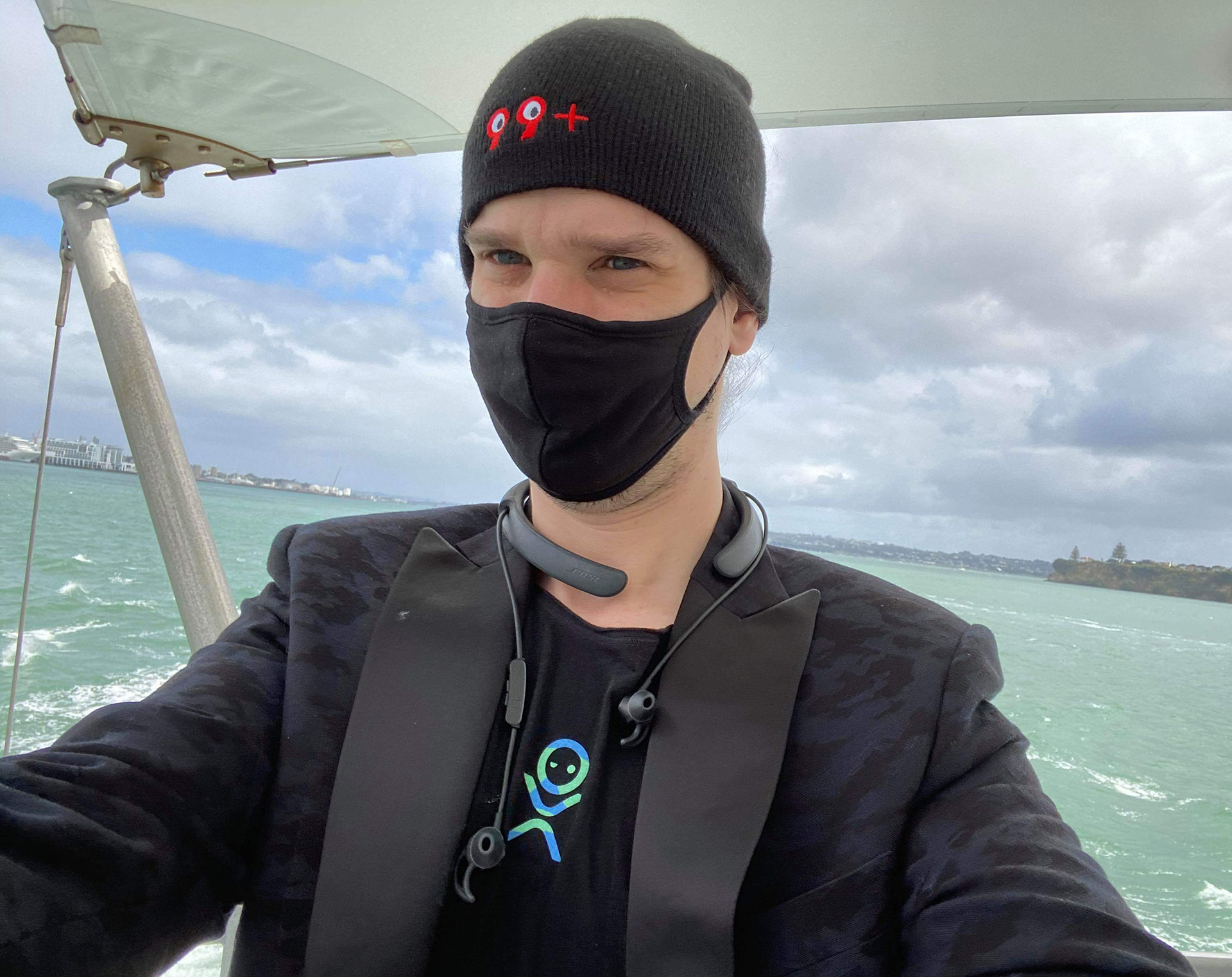 Mihai Dinulescu adopts an old-school mask on Auckland's Waitemata Harbour. Photo / Supplied