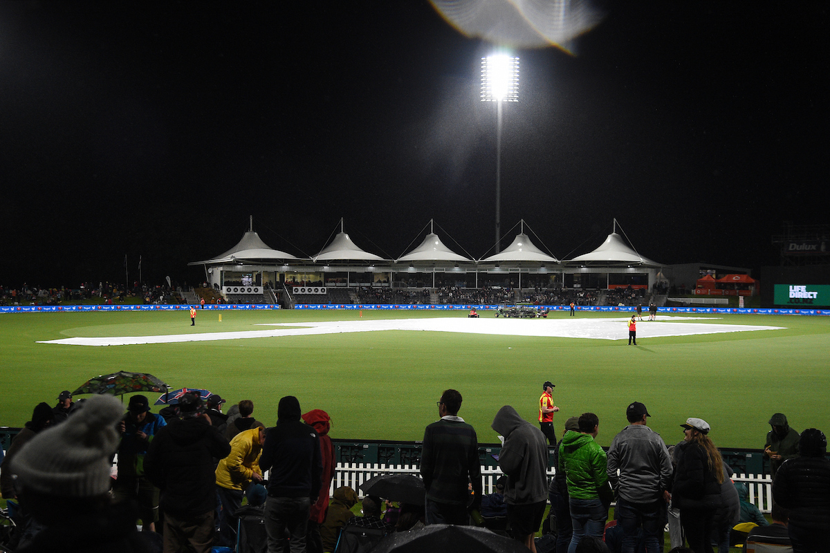Rain interrupted the first T20 International between the Black Caps and England. Photo / Photosport