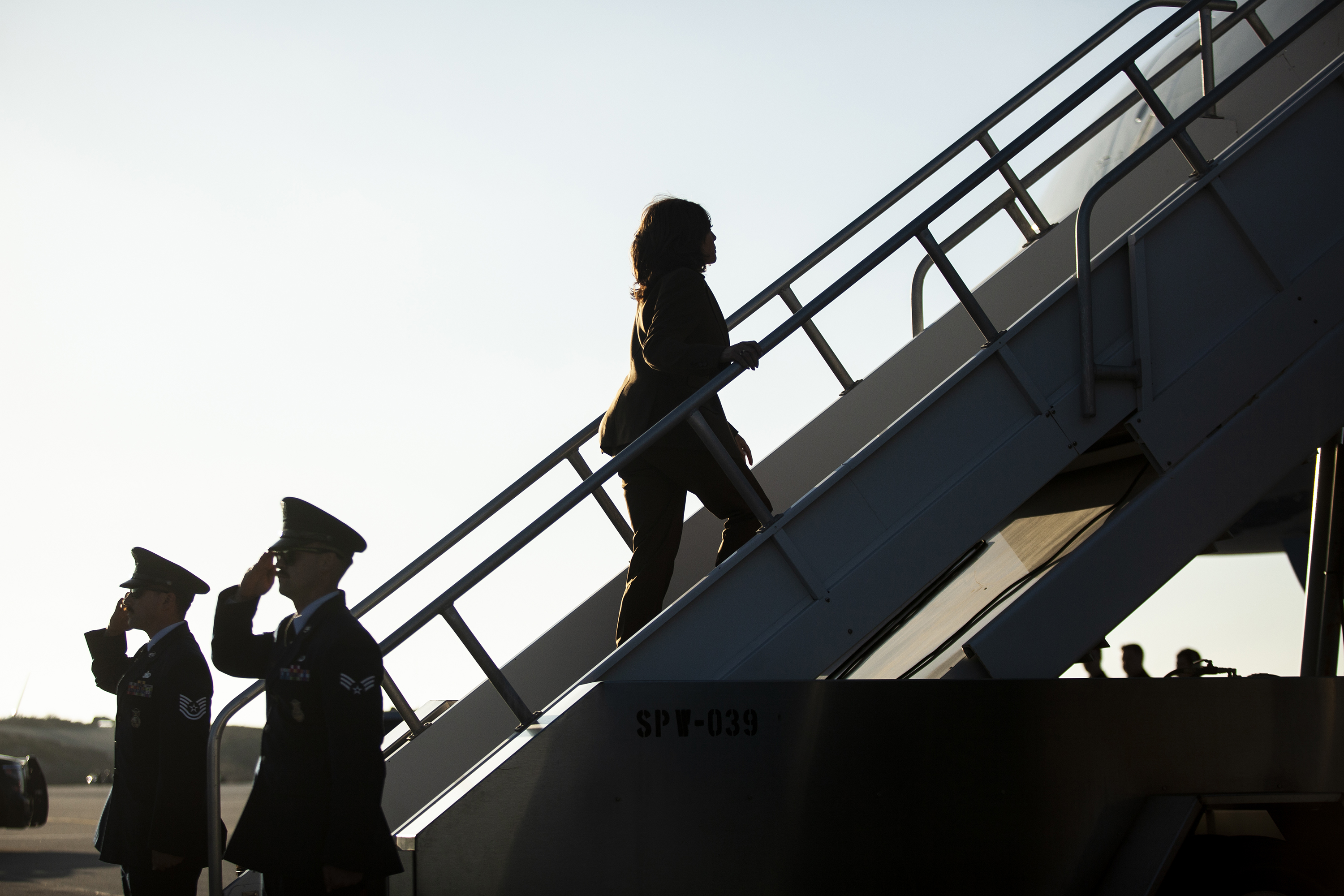 Vice-President Kamala Harris, the Democratic presidential nominee, boards Air Force Two in Los Angeles. Photo / New York Times