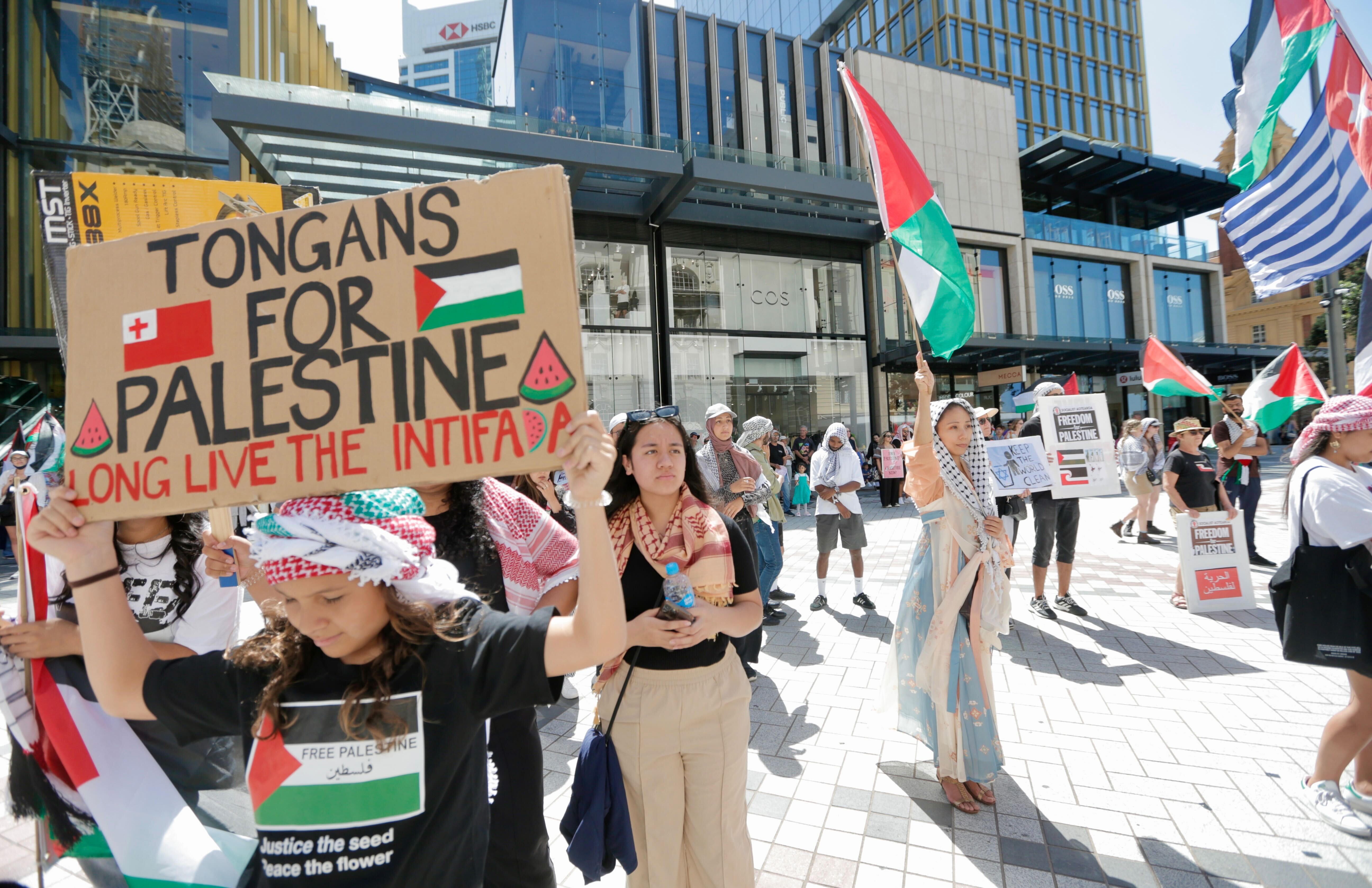 Tongans were among those in Auckland who held signs to offer support for Palestinians. Photo / Alex Burton