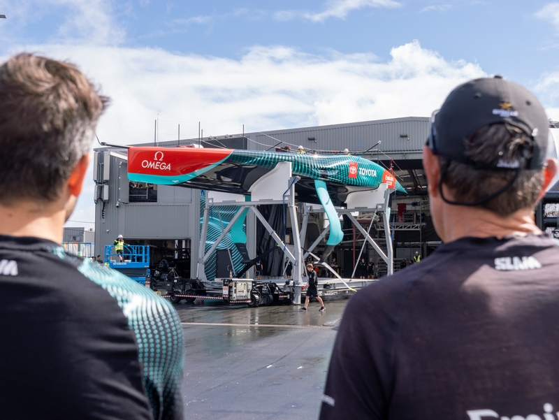 Team New Zealand's new AC75 was rolled out of the shed for the first time in preparation for commissioning. Photo / Hamish Hooper, Emirates Team New Zealand