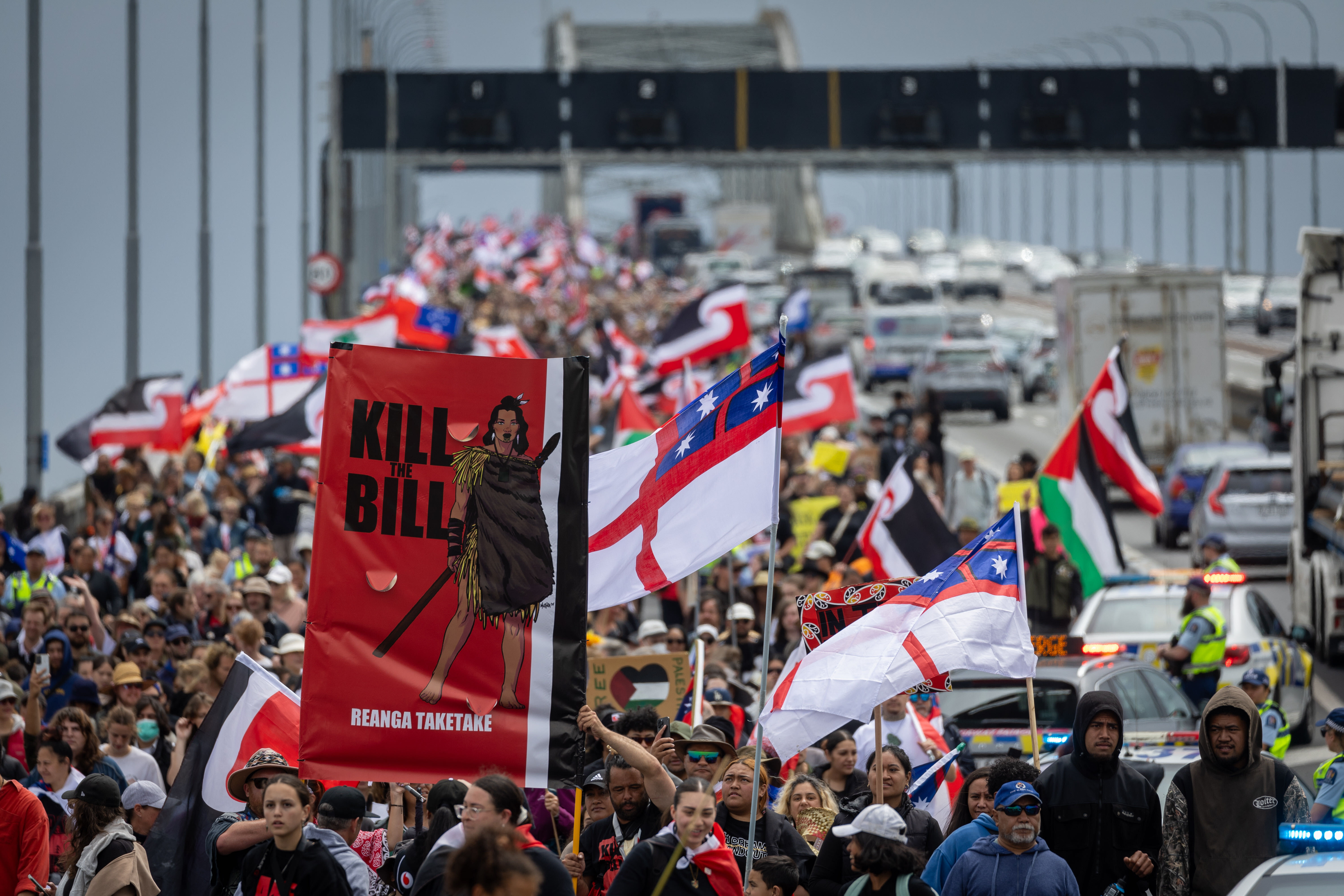 Hīkoi mō te Tiriti crossed the Auckland Harbour Bridge yesterday. Photo / Michael Craig