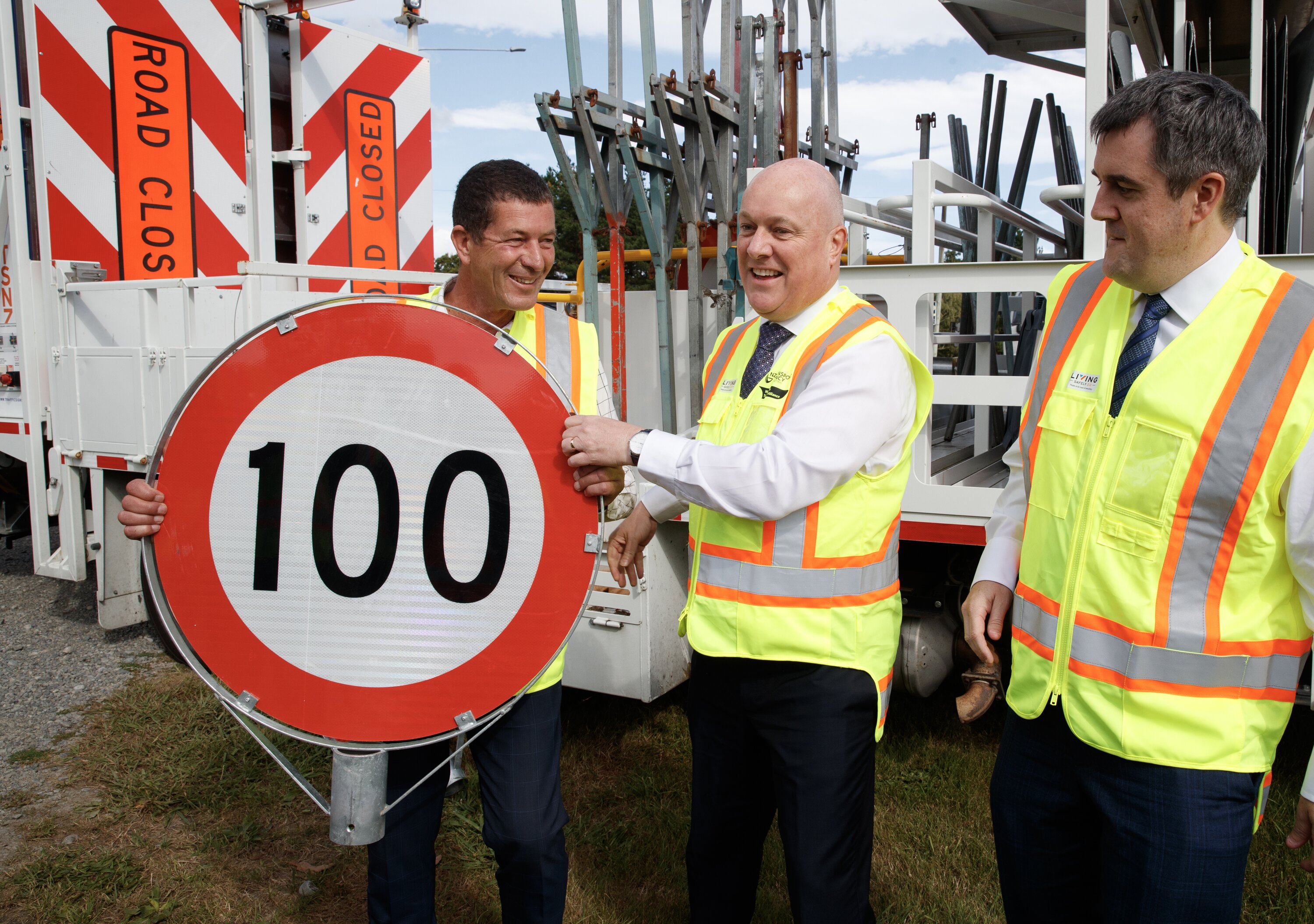 Prime Minister Christopher Luxon (centre) was at a speed limit reduction reversal announcement earlier today in Tauherenikau, Wairarapa. Also pictured is Wairarapa MP Mike Butterick (left) and Transport Minister Chris Bishop. Photo / Mark Mitchell