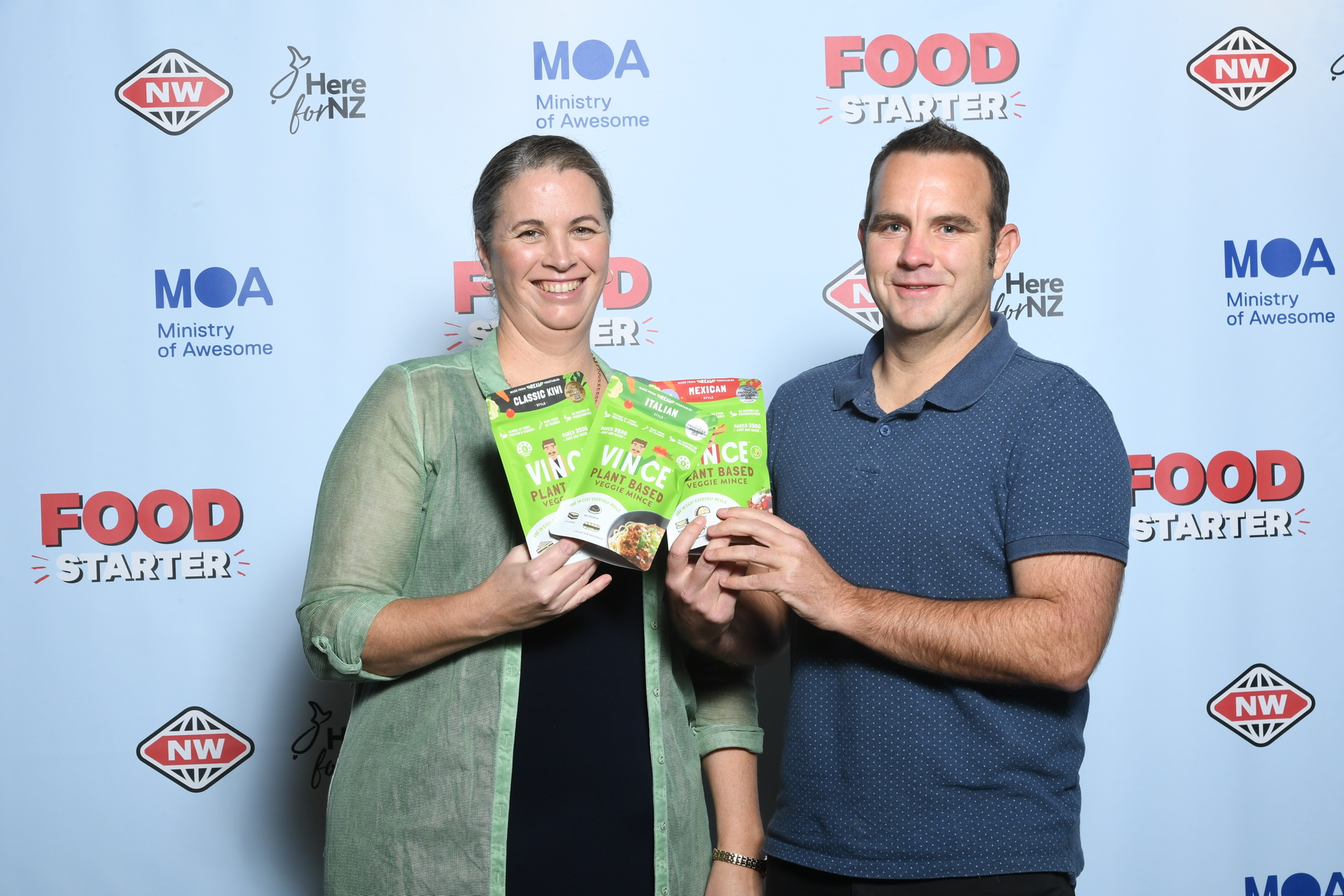 Whangārei business owners Nigel and Debbie Stowe from Olive and Ash with their plant-based meat alternative Vince at the FoodStarter awards. Photo / Supplied