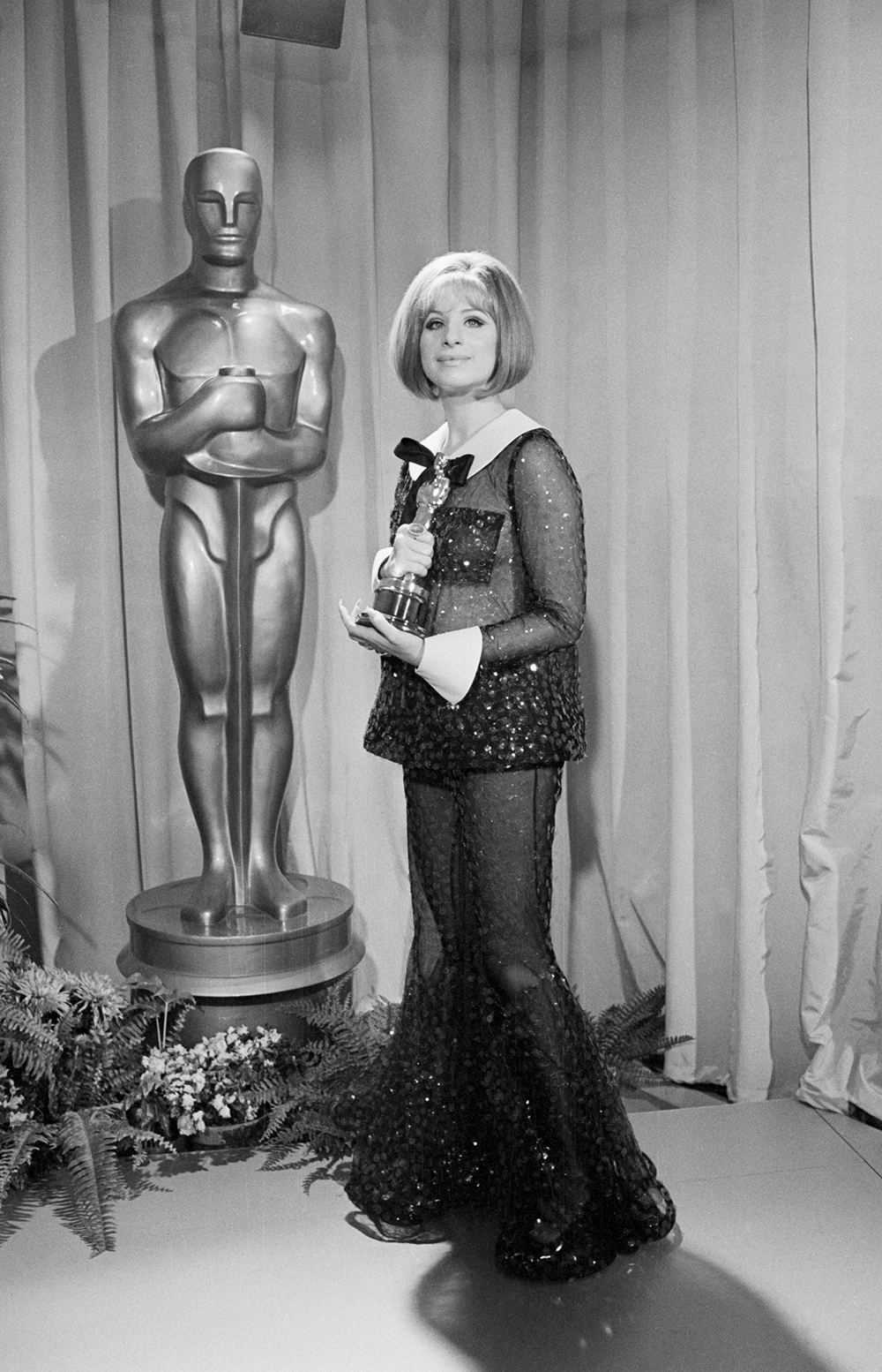 Barbra Streisand with the Oscar she won for Best Actress in 'Funny Girl'. That same year (1969) Katharine Hepburn also won Best Actress, a rare split decision. Photo / Getty Images
