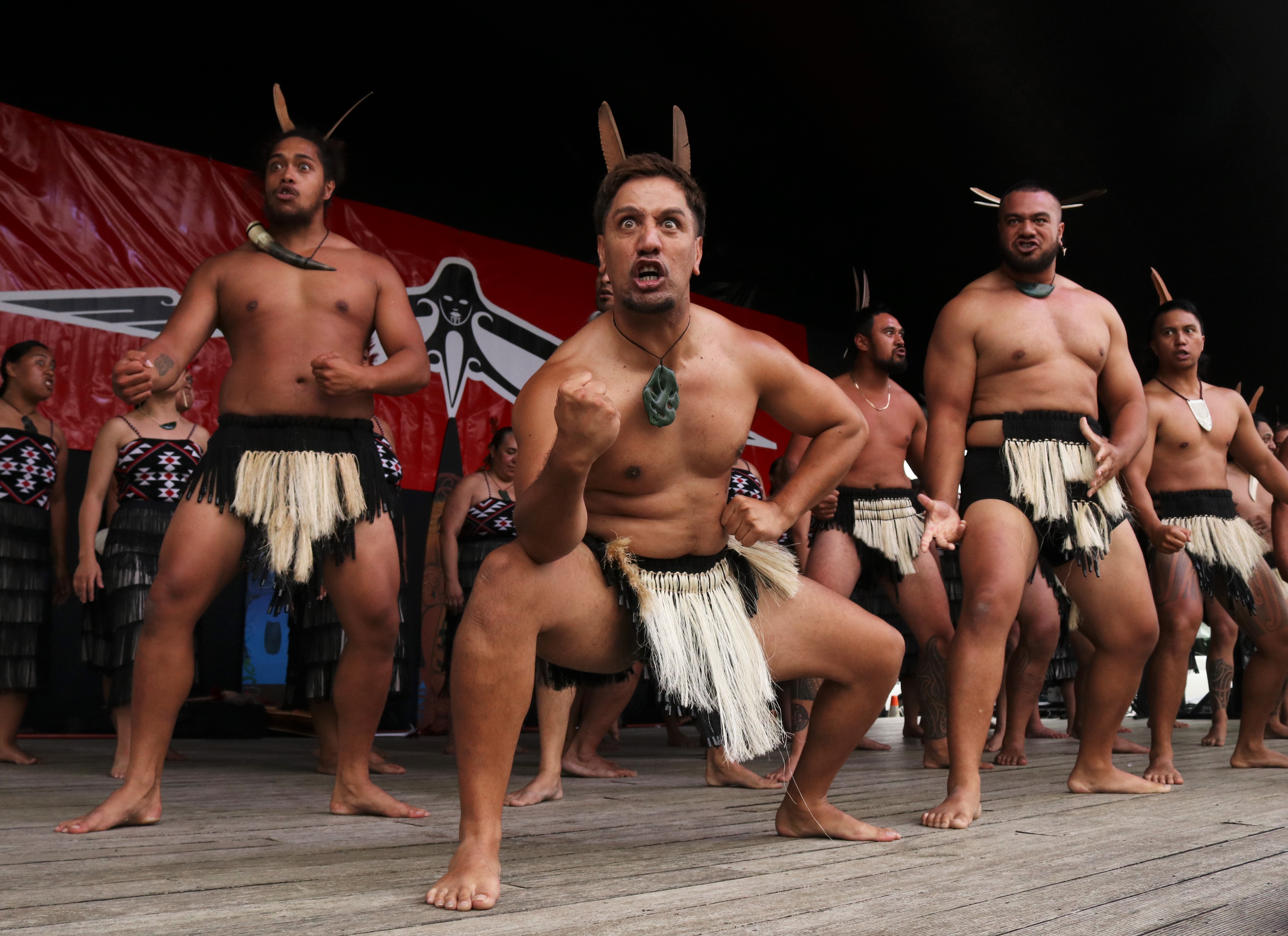 Whakaiti Marino, of Ōhaeawai, performs a haka with Muriwhenua kapa haka group. Photo / Peter de Graaf
