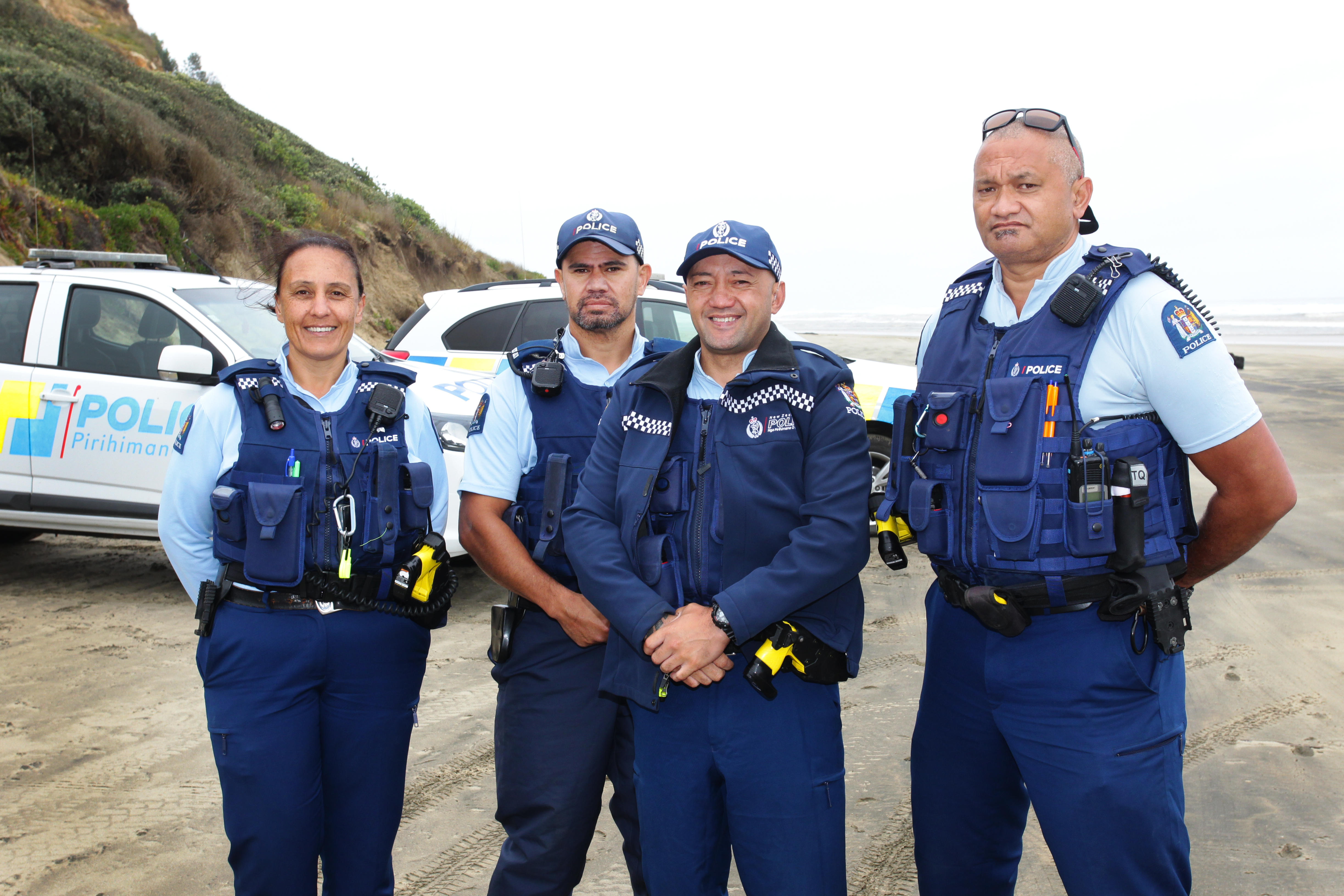 Police on an educational patrol at Ripiro Beach on Saturday included Senior Constable Marie Holden, Constable Manuel Paul, Constable Bevan Hati and Senior Constable Willie Paniora