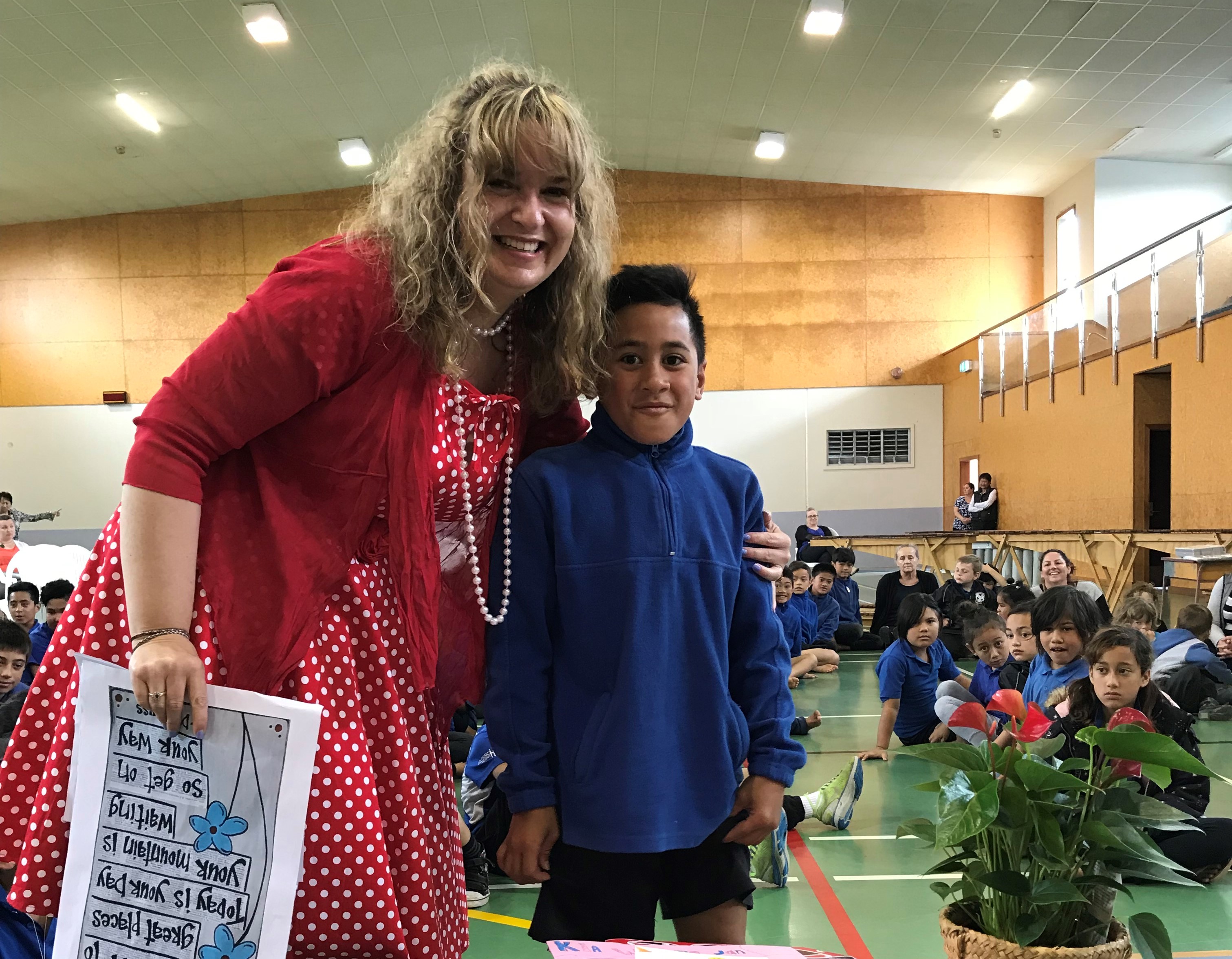 Jan Tinetti with student Timothy Saua at her farewell on Friday. Photo supplied/Dave Merton