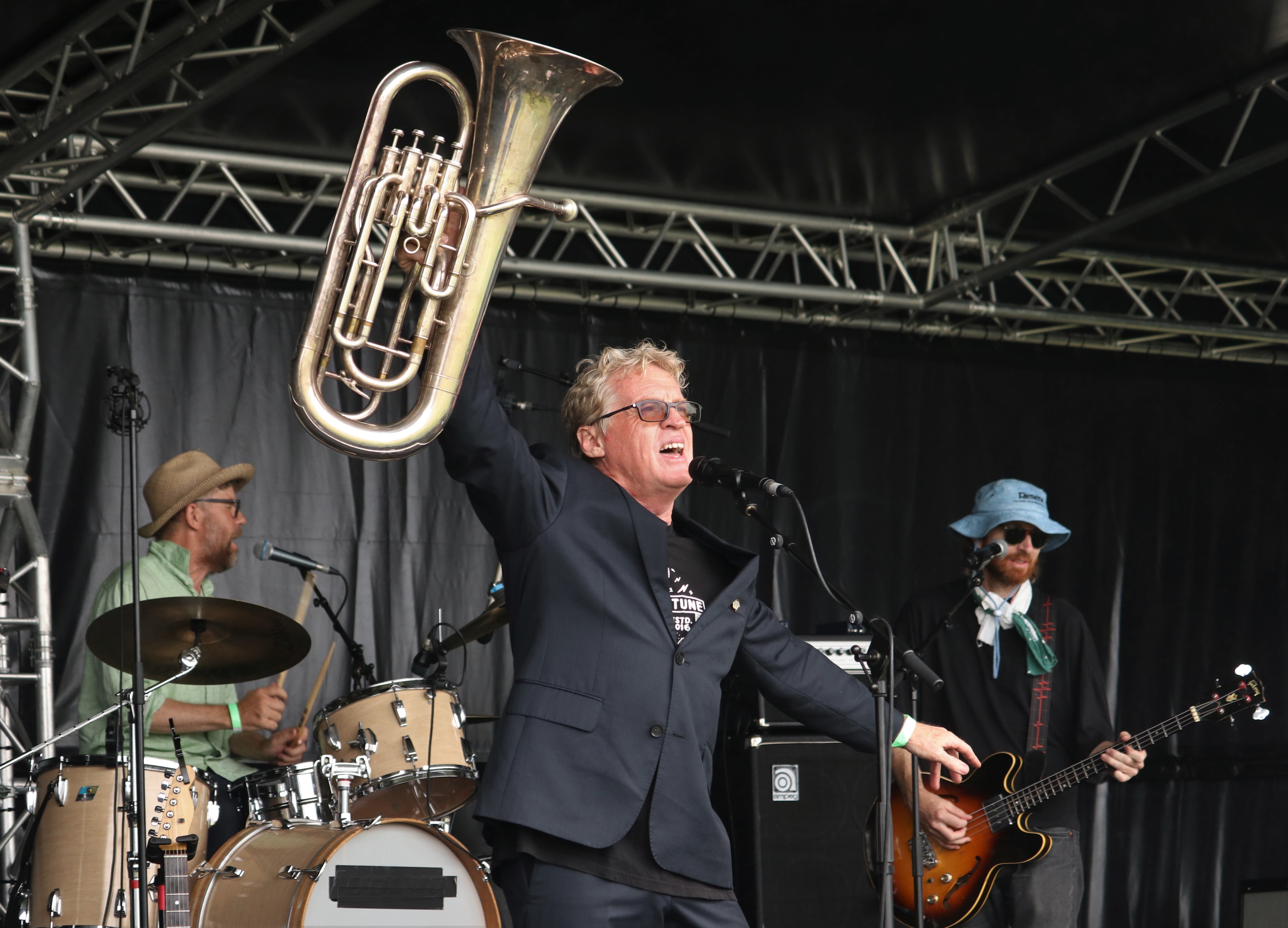Don McGlashan with his euphonium during a concert on the Treaty Grounds at Waitangi this year. Photo / Peter de Graaf