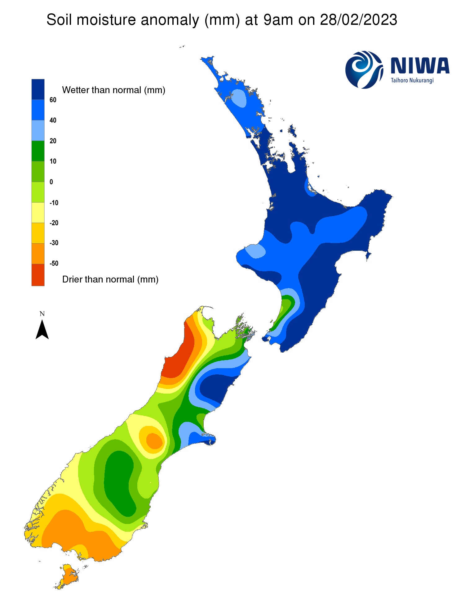 Soil moisture anomalies across New Zealand, as at February 28. Image / Niwa