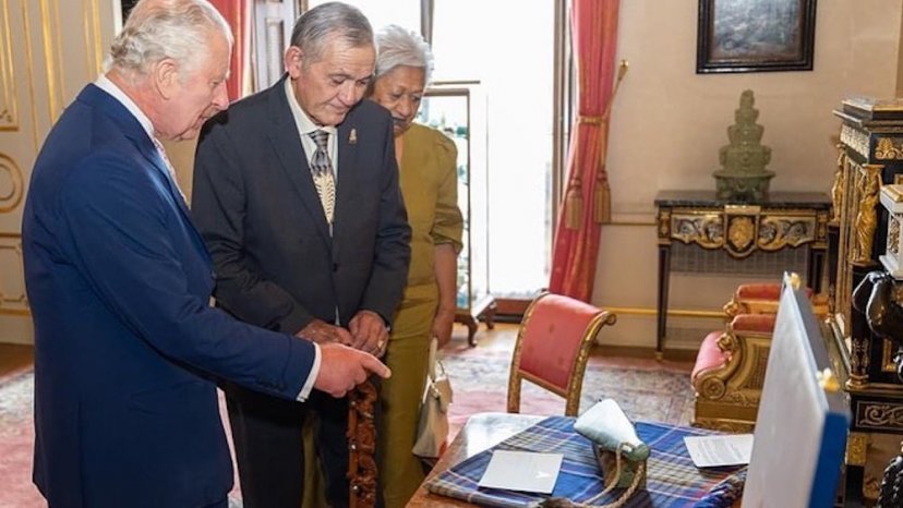 Kiingi Tūheitia and King Charles III met at The White Drawing Room at Buckingham Palace before Charles' coronation last year.
