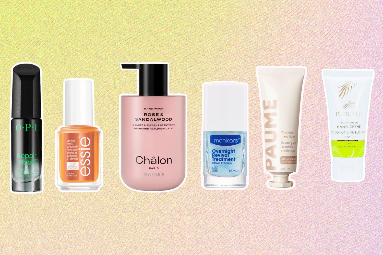 From left: OPI Repair Mode; Essie Apricot Cuticle Oil; Chalon Paris Rose & Sandalwood Hand Wash; Manicare Overnight Revival Treatment; Paume Probiotic Hand Balm; Pure Fiji Hydrating Hand Crème.
