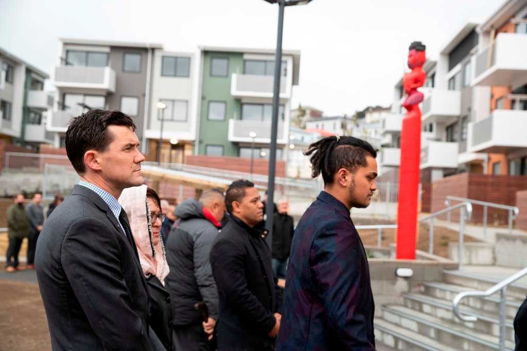 Mayor Justin Lester at a blessing of 104 new social housing units already developed at Arlington. Photo / WCC.