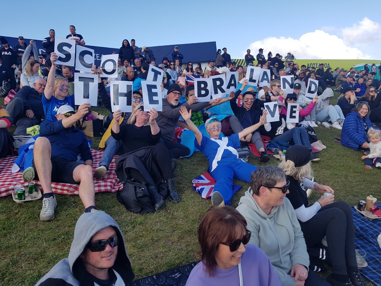 Fans of Scotland The Brave show their support for the women's rugby team. Photo / Mike Dinsdale.
