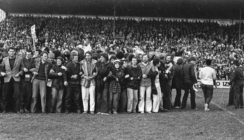 Protesters on the field at Hamilton's rugby Park on July 25, 1981 - Minto is the third person from left. Photo / Supplied