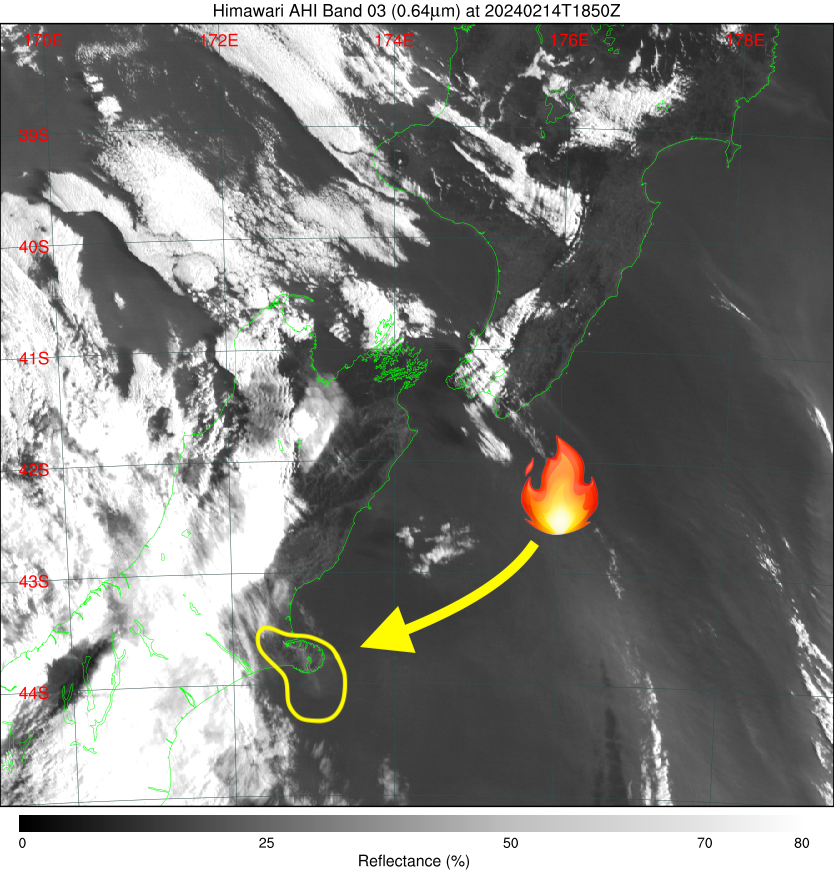 The fire's smoke can be seen in space. Image / Niwa