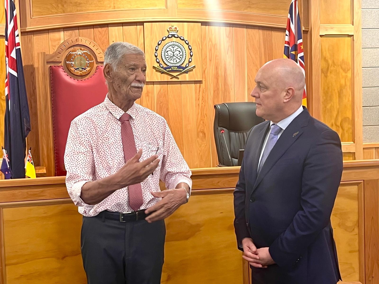 Prime Minister Christopher Luxon with Niue Speaker Hima Douglas during a tour of Niue's Parliament, also known as the Niue Assembly. Photo / Pool