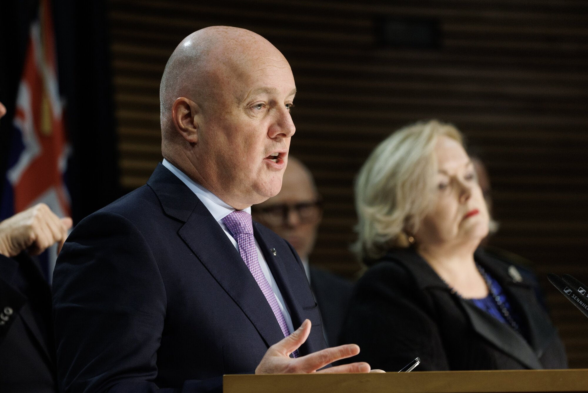 Prime Minister Christopher Luxon and Defence Minister Judith Collins pictured during a post-Cabinet press conference following the announcement of the defence plan in the Beehive Theatrette, Parliament, Wellington on April 7, 2025. Photo / Mark Mitchell