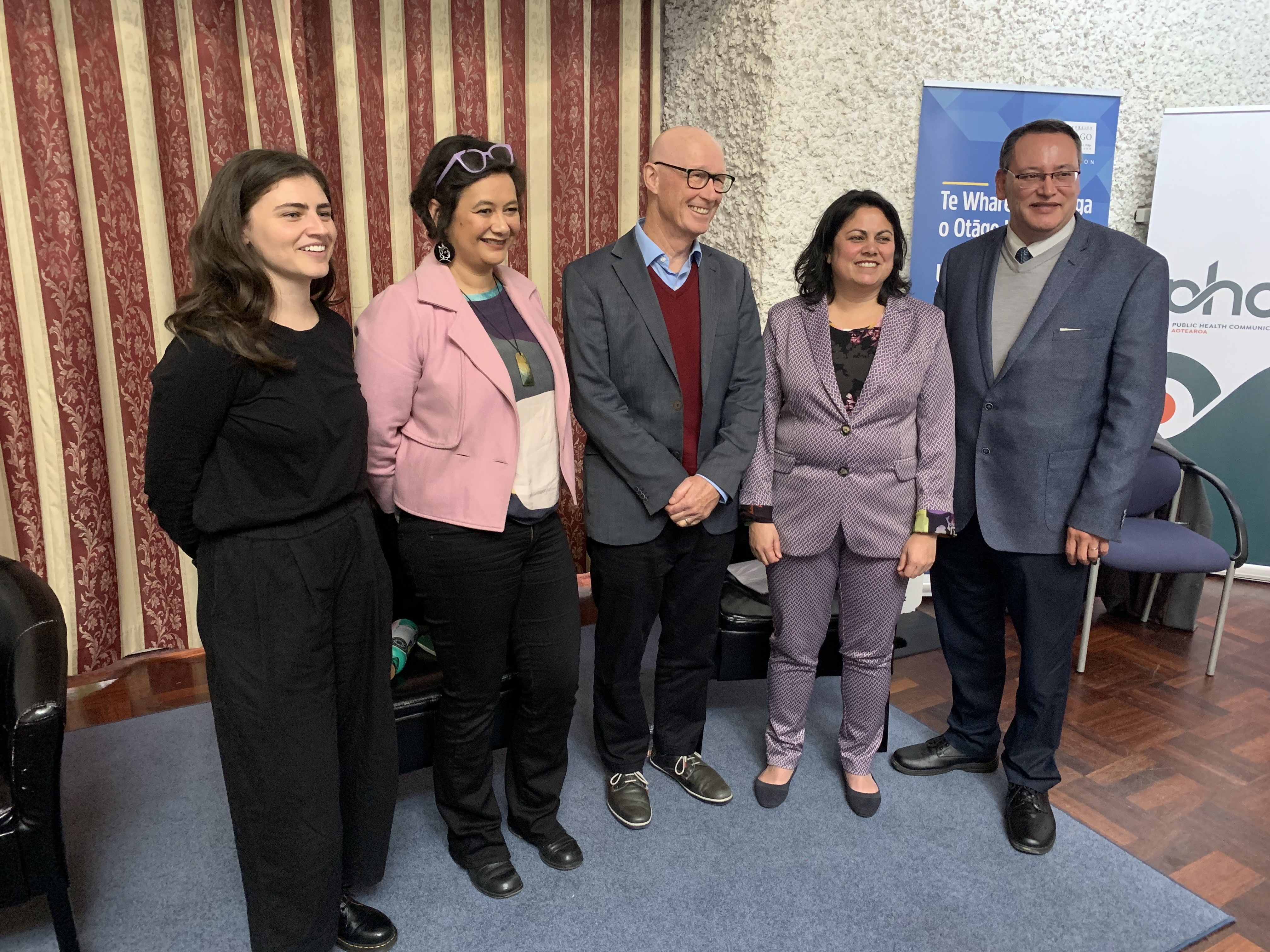 (From left): Green Party MP Chlöe Swarbrick, Health Coalition Aotearoa members Lisa Te Morenga and Boyd Swinburn, Health Minister Dr Ayesha Verrall and National's Dr Shane Reti at a political panel in Wellington. Photo / Adam Pearse