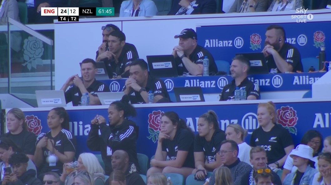 The Black Ferns coaching staff during the match against England at Twickenham. Photo / Sky Sport