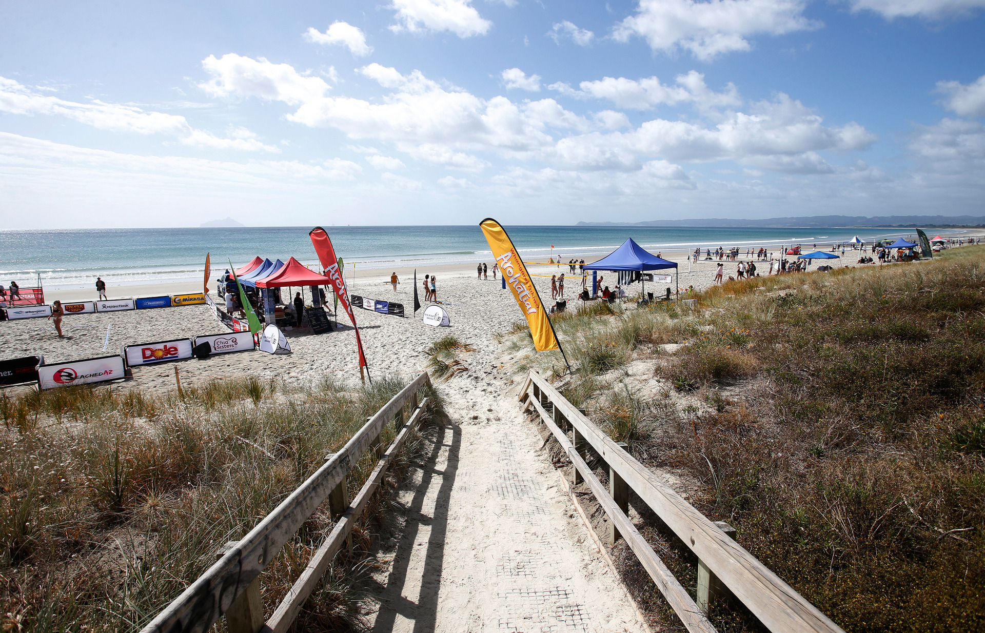 Nine courts have been set up along Ruakākā beach for the annual Ruakākā Beach Bash leg of the New Zealand Beach Volleyball Tour. Photo / Michael Cunningham