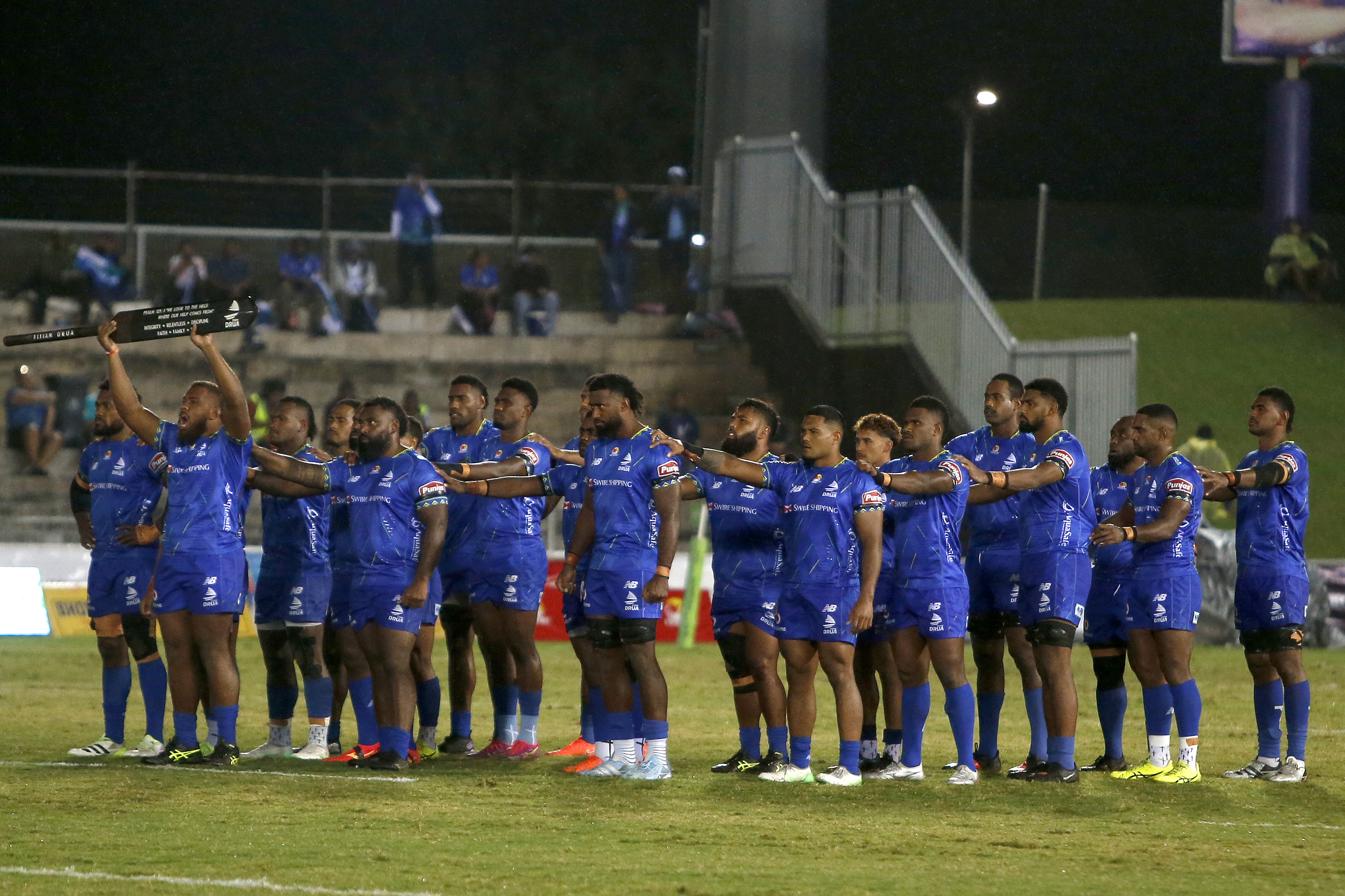 Fijian Drua players, who were deeply affected by the death of former Fiji international Josaia Raisuqe, ahead of their Super Rugby clash with the Blues on Friday. Photo / Getty Images