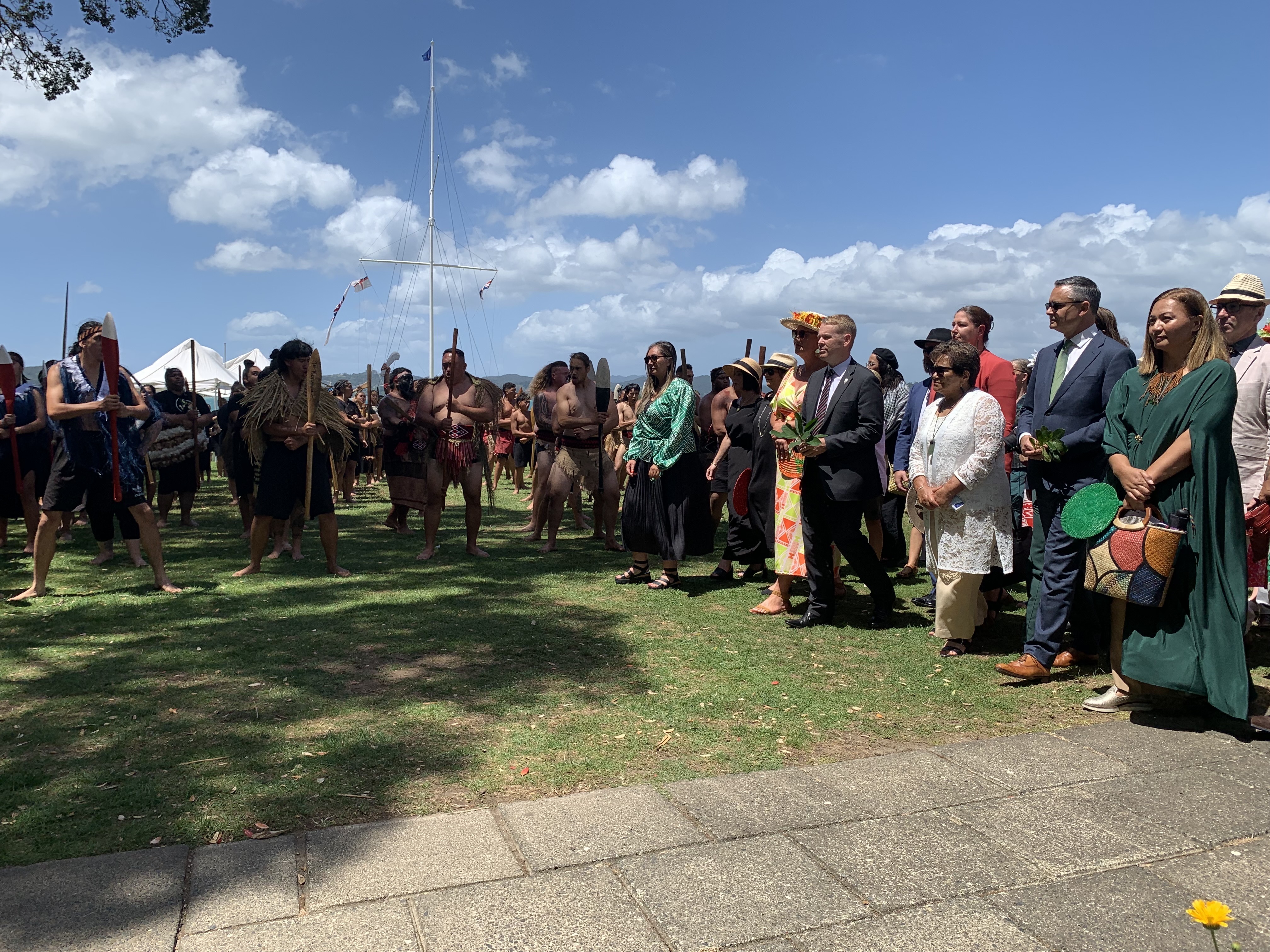 Labour and the Greens are welcomed onto Te Whare Rūnanga at the Waitangi Treaty Grounds. Photo / Adam Pearse