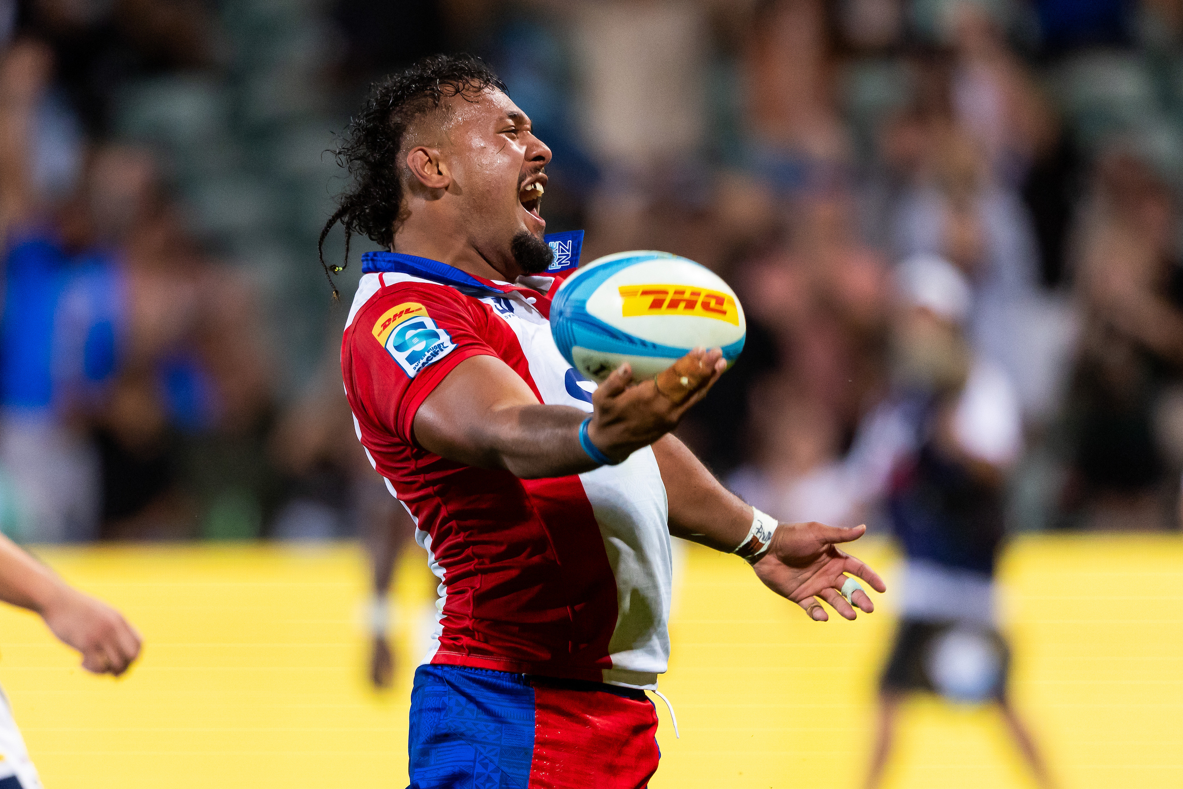 Moana Pasifika's Semisi Tupou Ta’eiloa celebrates after a late try against the Highlanders. Photo / Photosport