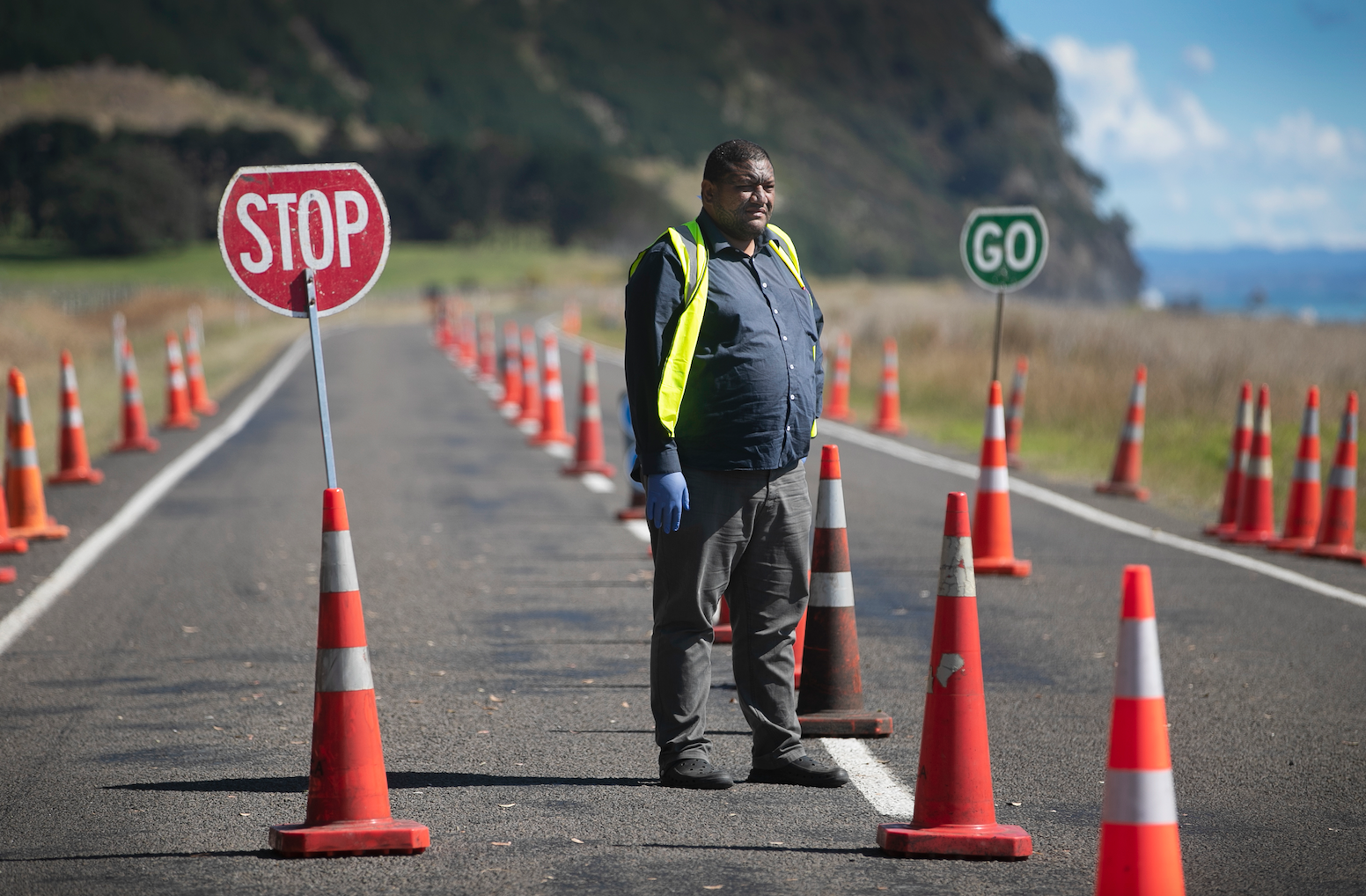 Louis Rapihana is one of many in the Te Whānau-ā-Apanui iwi in eastern Bay of Plenty manning SH35 in eight-hour shifts. Photo / Alan Gibson. 