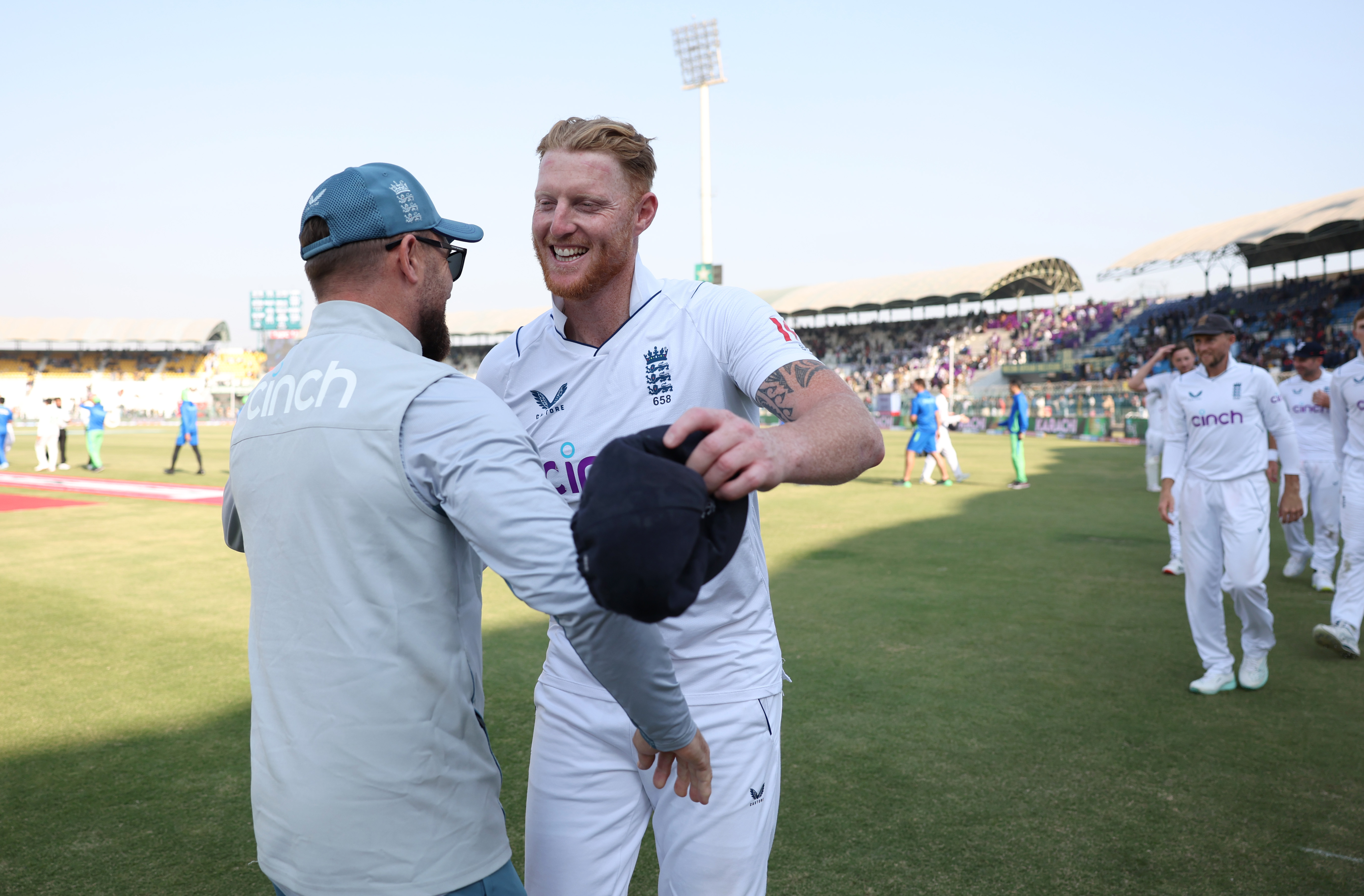 England captain Ben Stokes, right, celebrates with coach Brendon McCullum. Photo / Getty Images