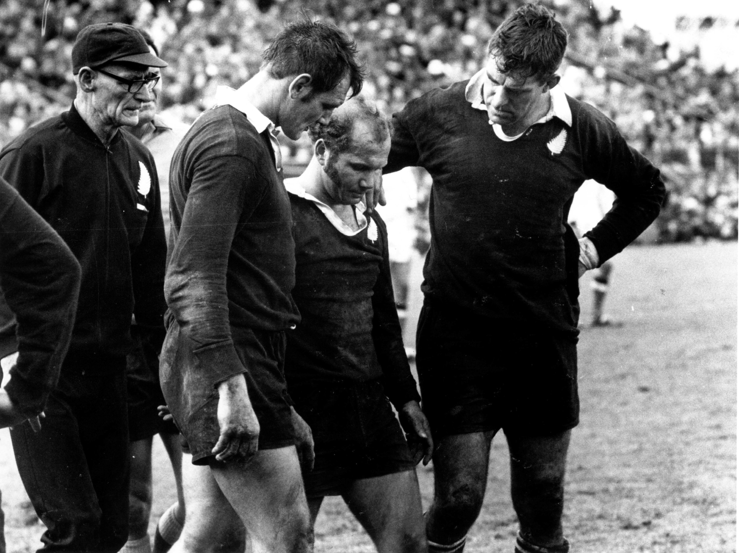 Sir Brian Lochore, Sir Colin Meads and Sid Going during the match between the All Blacks and Southern University, Newlands, South Africa, 1970. Photo / Photosport