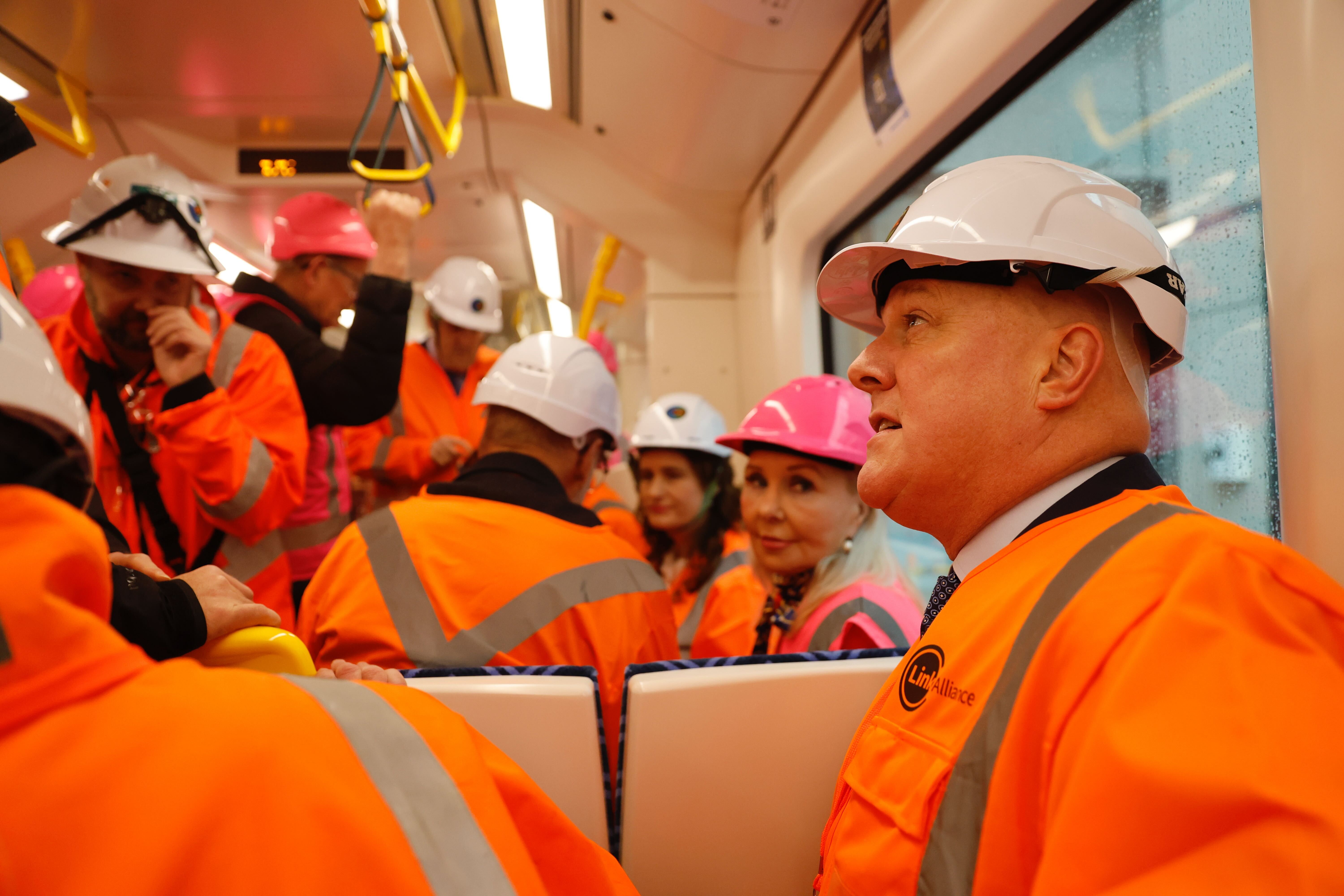 Prime Minister Christopher Luxon and VIPs on the first passenger train ride through the CRL. Photo / Michael Craig