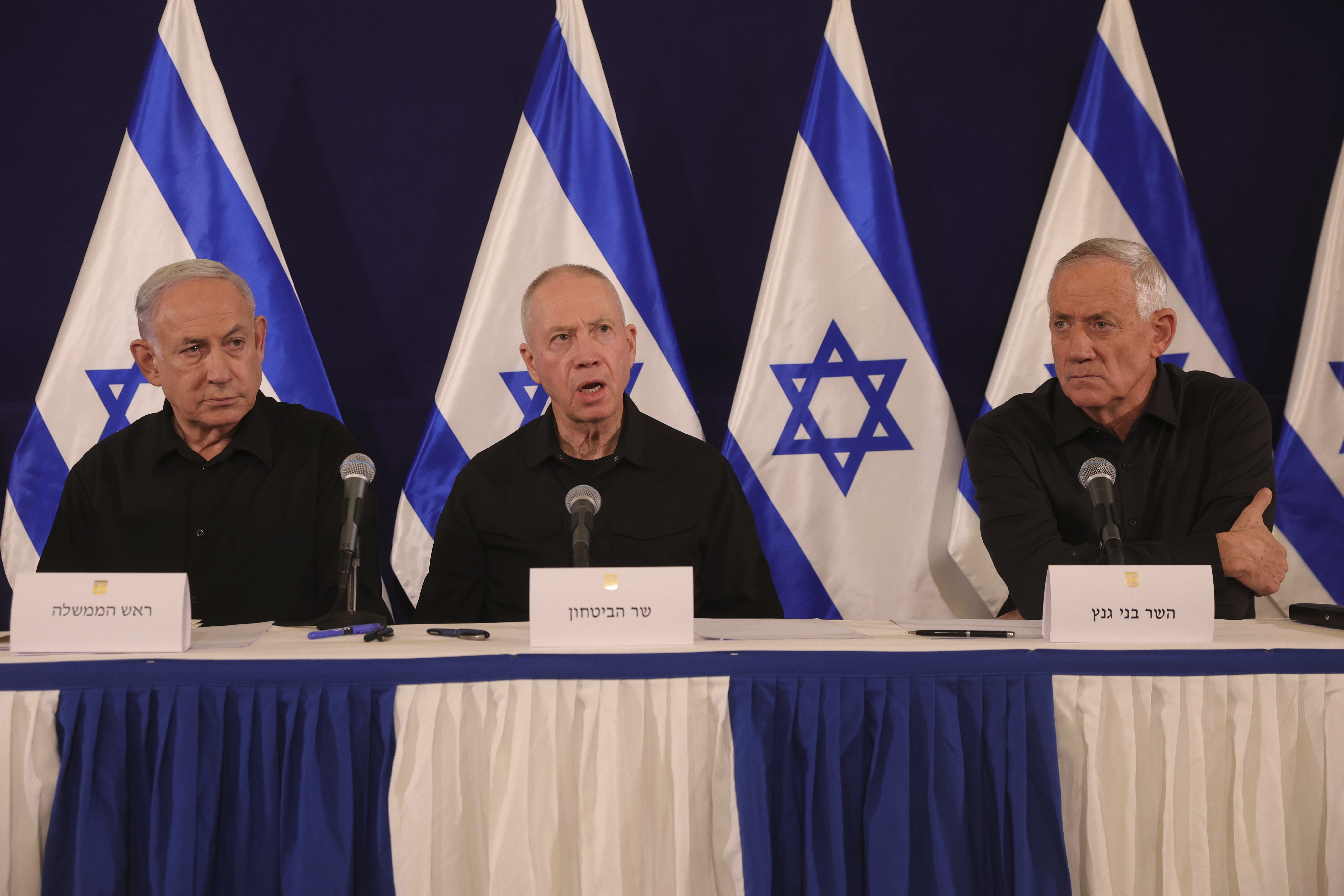 From left, Israeli Prime Minister Benjamin Netanyahu, Defence Minister Yoav Gallant and Cabinet Minister Benny Gantz. Photo / AP