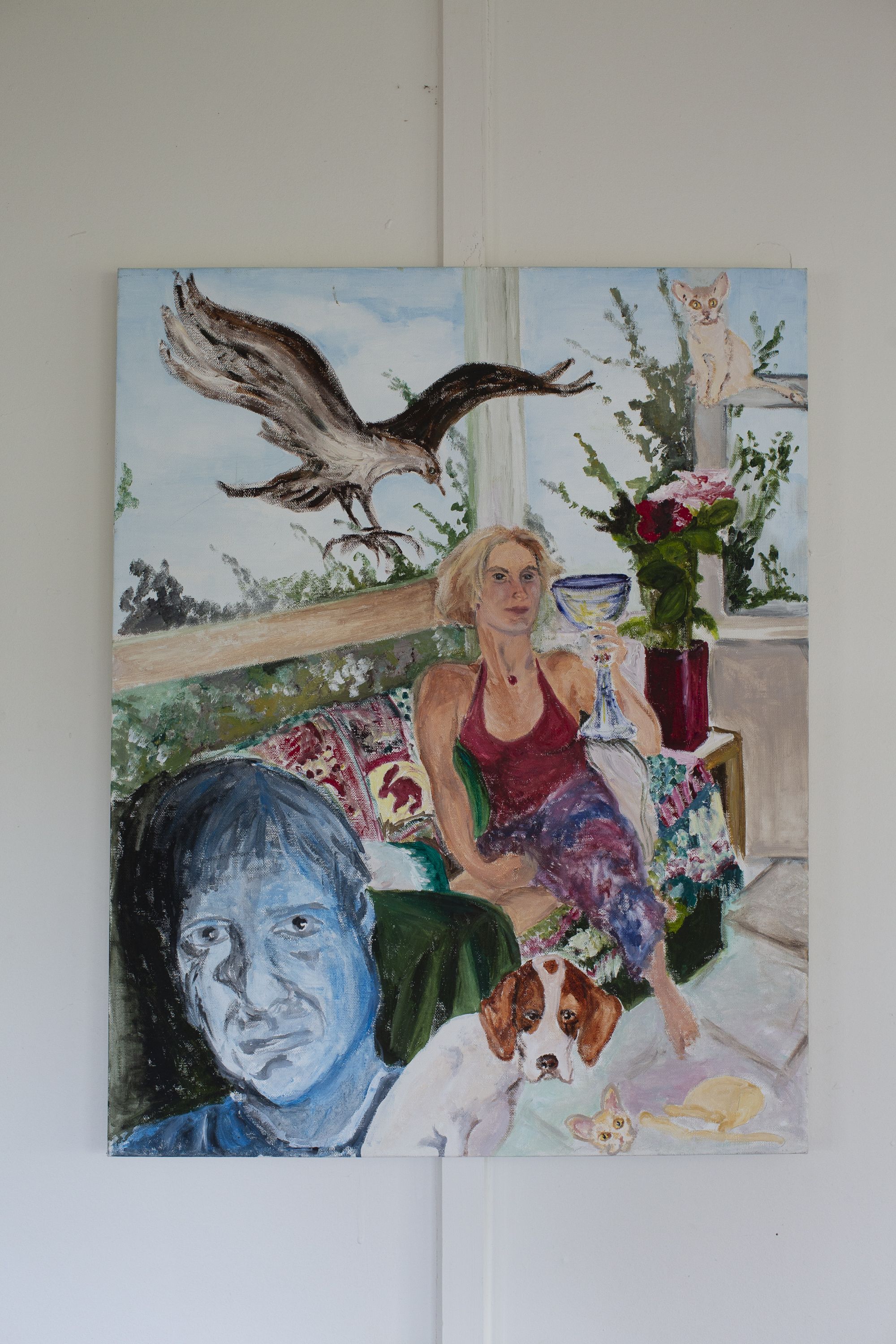 Randal painted this picture of a vivid dream she had where her dog Buffy had accidentally killed her Burmese cat Yoko, who was actually still alive but in pieces, like a jigsaw puzzle, on the floor. As she woke, she distinctly heard the words