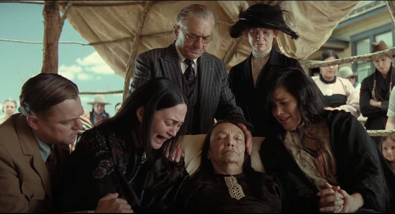 Robert De Niro, Leonardo DiCaprio, Norma Jean, Lily Gladstone, and Sarah Spurger in Killers of the Flower Moon.