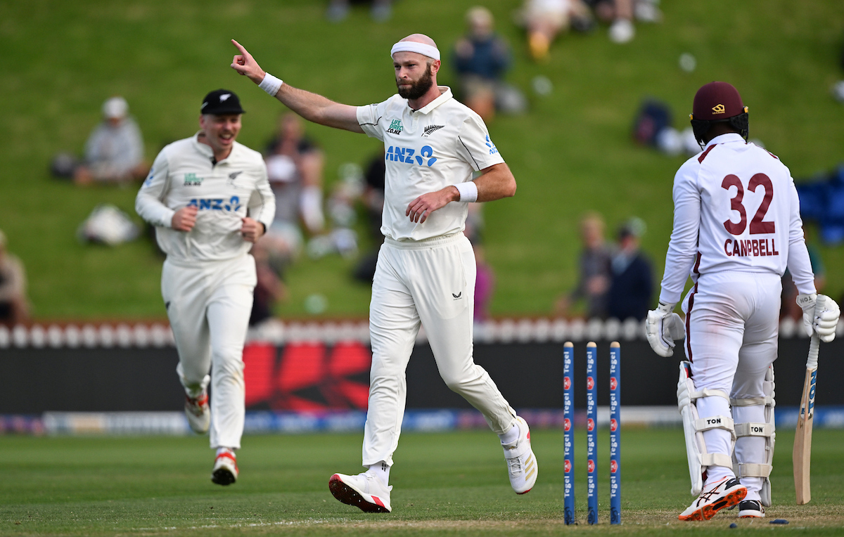 Michael Rae celebrates a wicket on day two of the second test between the Black Caps and West Indies. Photo / Photosport