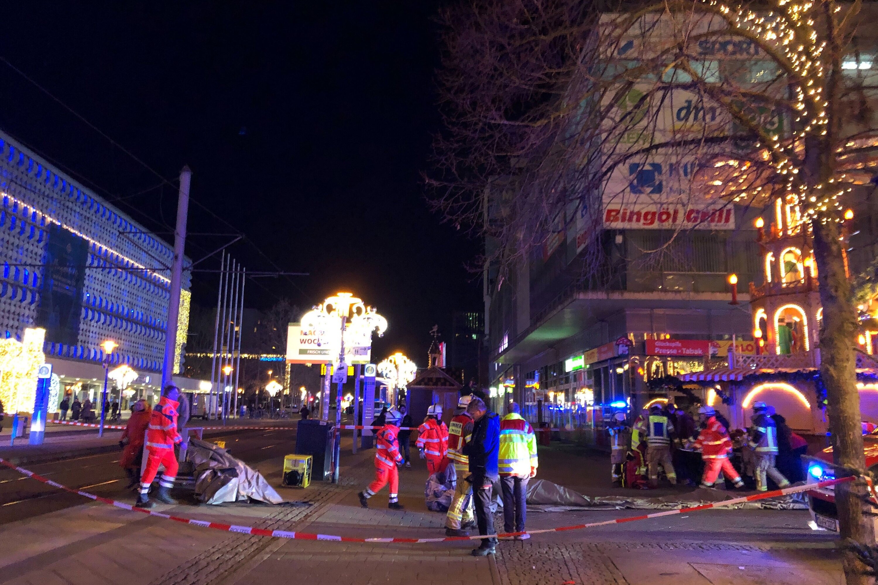 Emergency services and firefighters are on duty at the Christmas market in Magdeburg. Photo / Getty Images