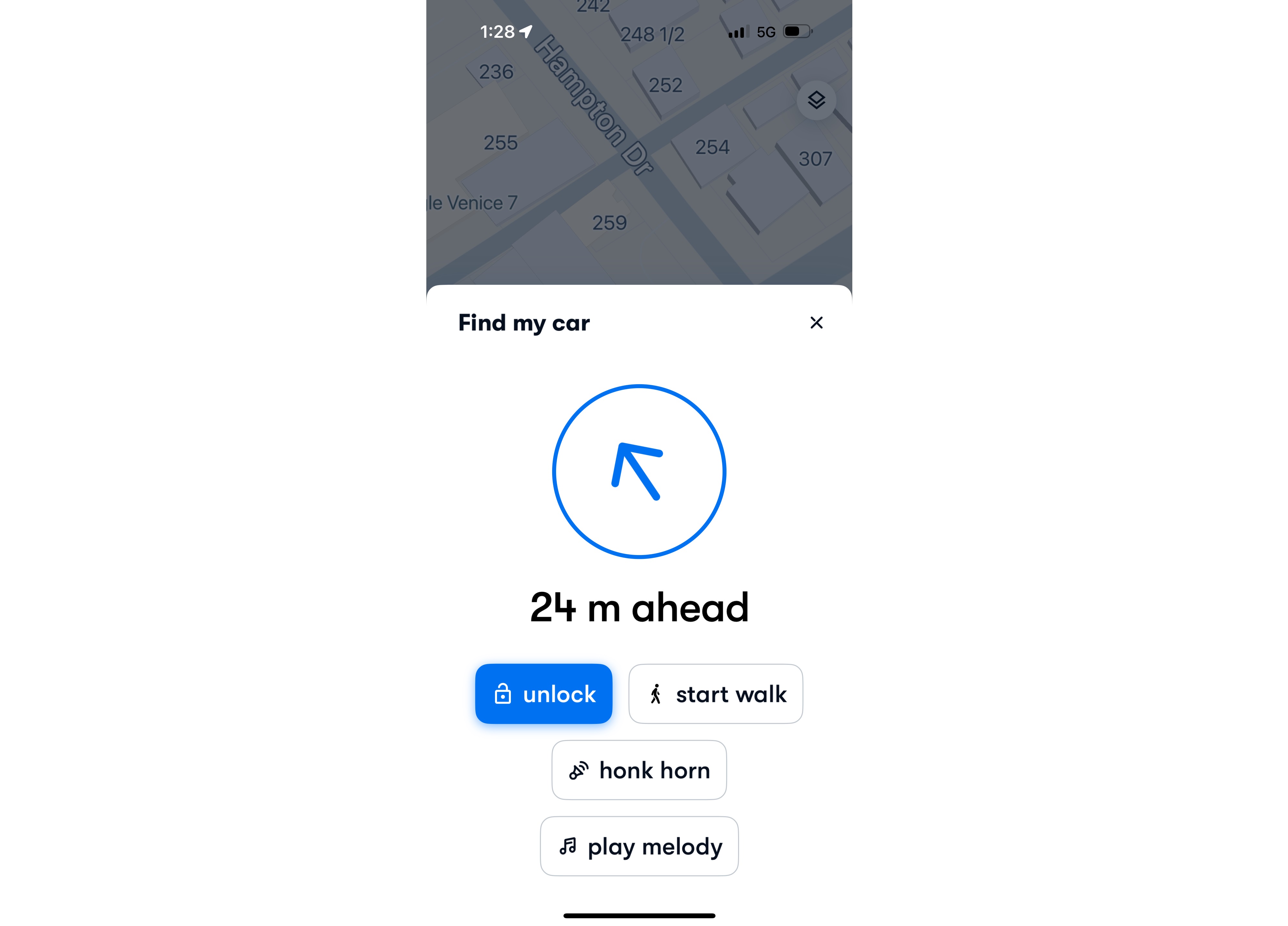 The Waymo One app's vehicle locator screen.