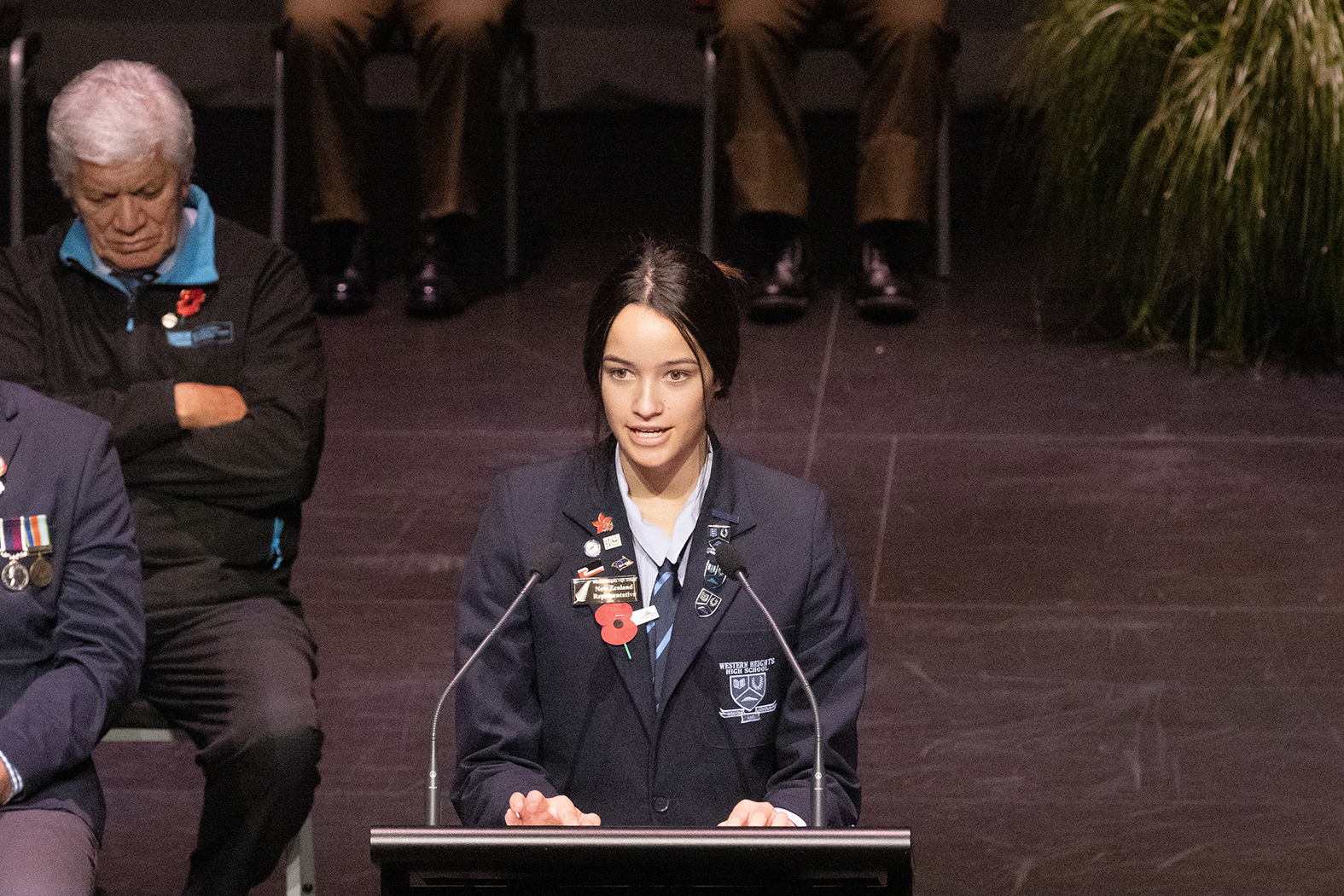 Western Heights High School head girl Merenia Tapsell gives a moving speech at the Anzac Day memorial service at the Sir Howard Morrison Centre in Rotorua. Photo / Andrew Warner