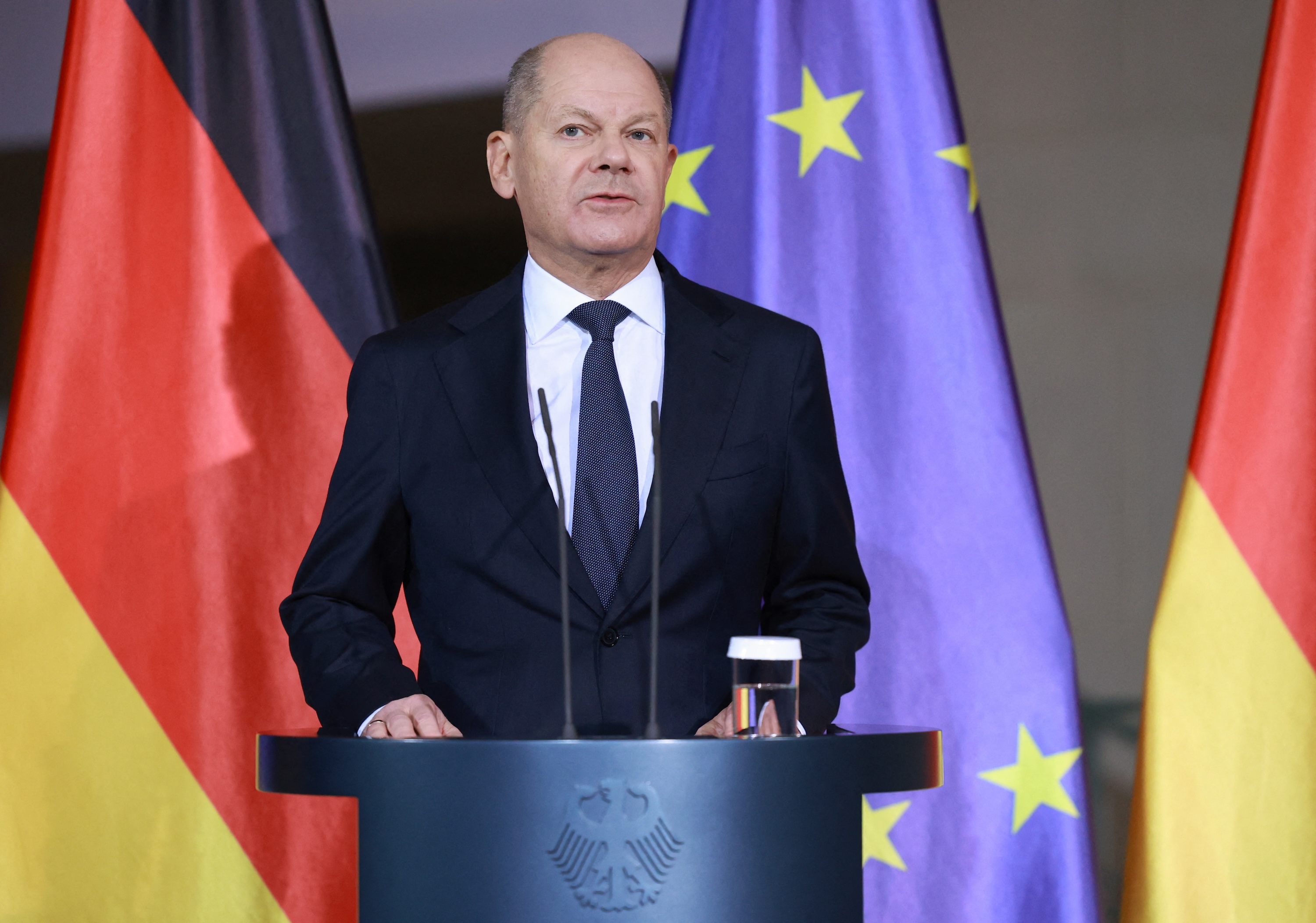 German Chancellor Olaf Scholz gives a press statement following a car-ramming attack in Munich. Photo / AFP